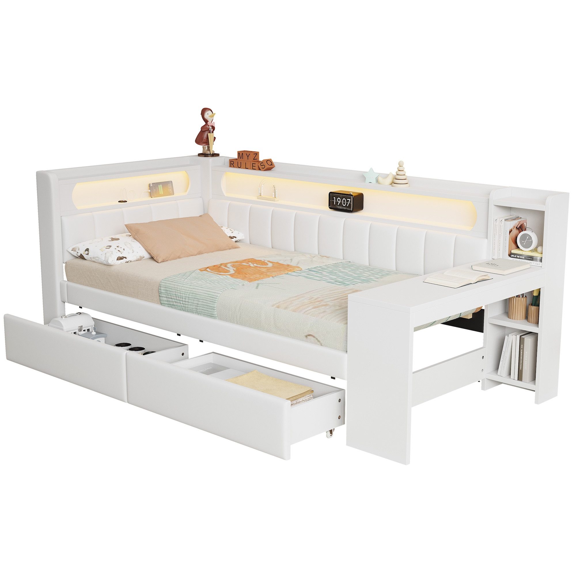 SOFTWEARY Stauraumbett mit Schreibtisch und LED-Beleuchtung (90x200 cm, Lattenrost, Regal, Schubladen, USB und Type-C Anschluss), Einzelbett mit gepolstertem Kopfteil