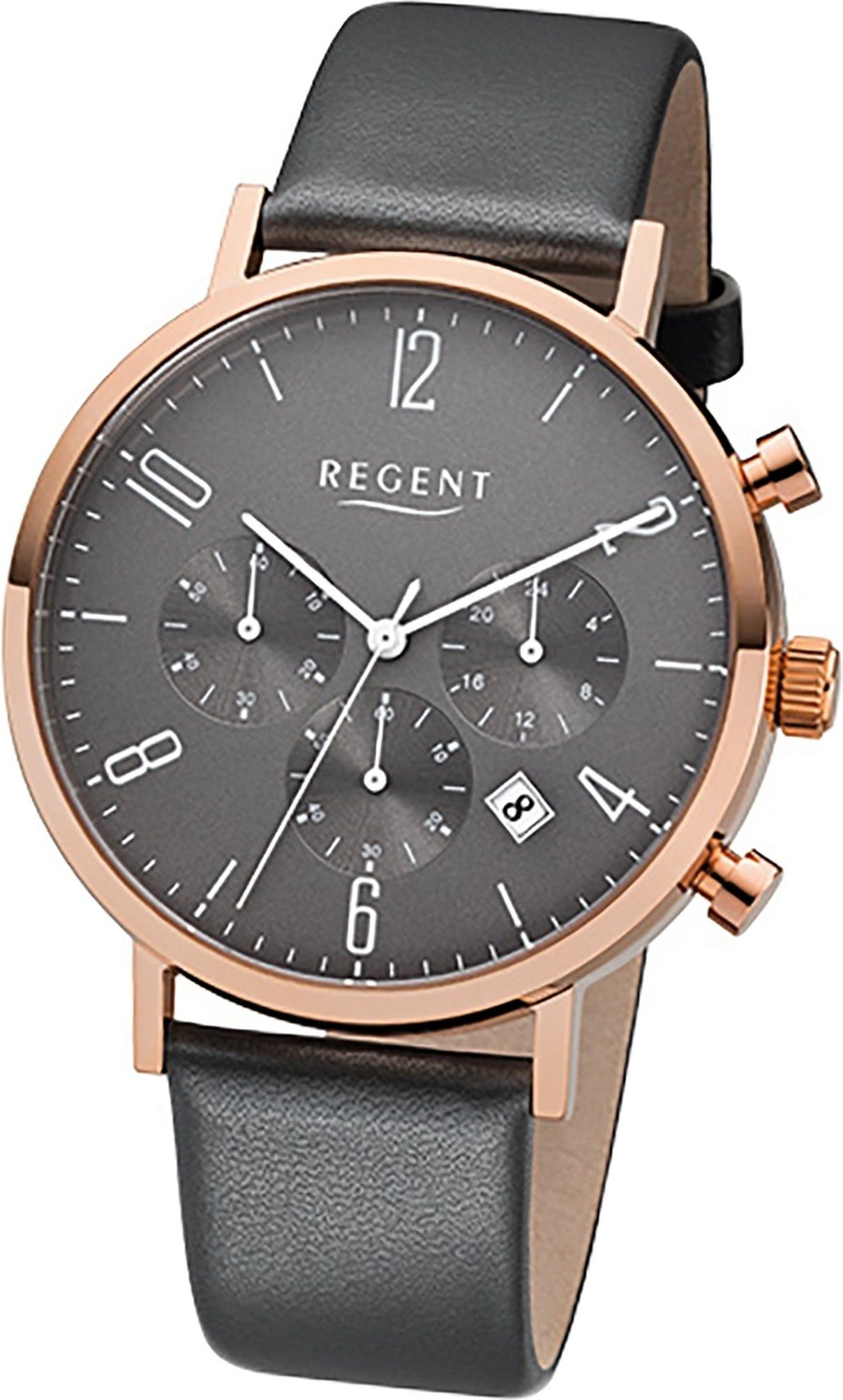 Regent Chronograph Regent Gehäuse, Herrenuhr anthrazit, Lederarmband rundes 42mm) Quarzuhr, F-1038 groß Herren Uhr (ca. Leder