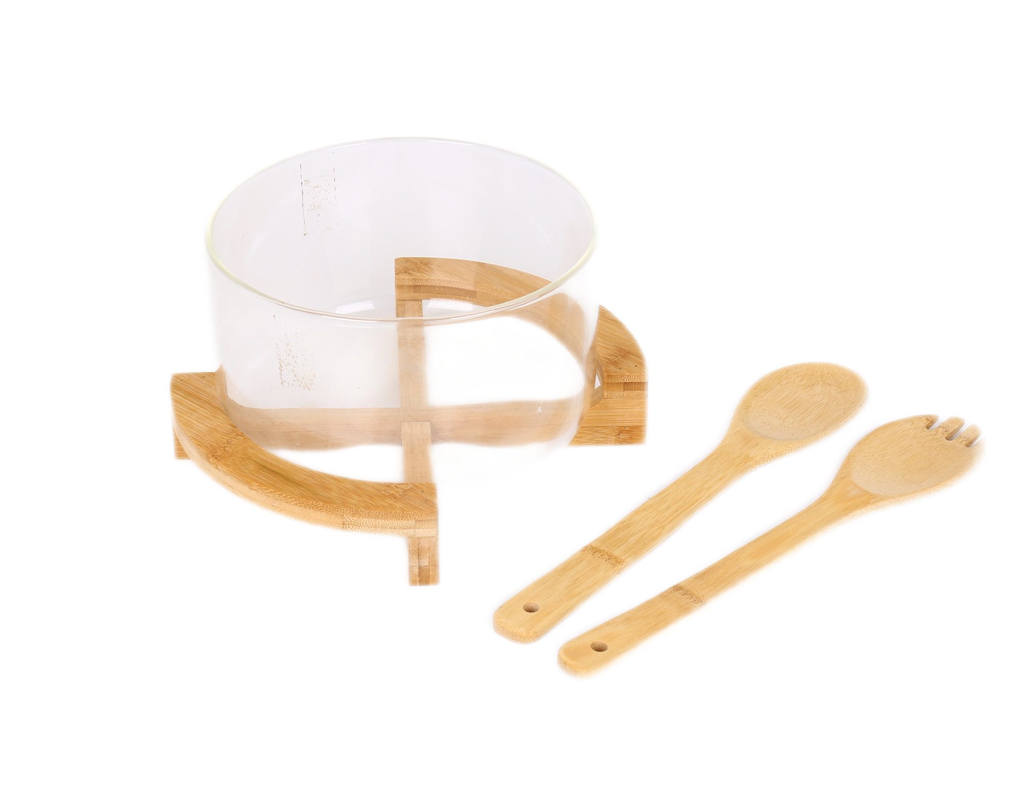 Cheffinger Salatschüssel 4-teiliges Set - Glas & Bambus mit Ständer & Küchenhelfern, (1-tlg)