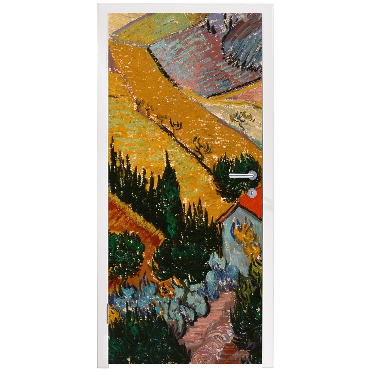 Ackerbauern einem Matt, Vincent - Gogh, einem St), Landschaft Haus MuchoWow van cm Türtapete 75x205 mit und Fototapete Tür, Türaufkleber, für bedruckt, (1