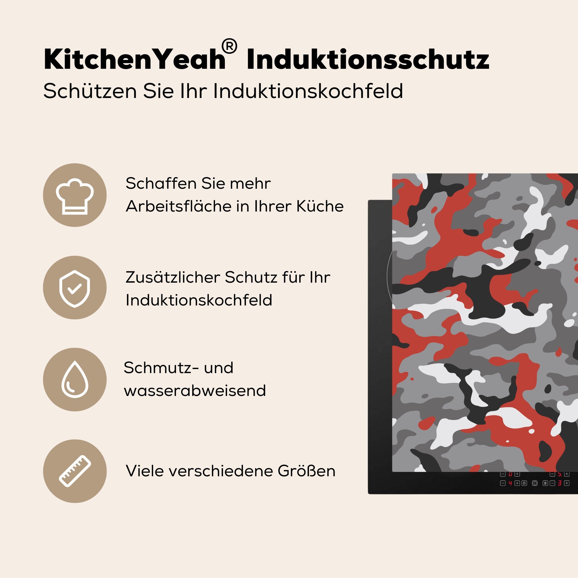 Arbeitsplatte (1 küche roten Akzenten, Camouflage-Muster Ceranfeldabdeckung, mit für cm, 78x78 MuchoWow tlg), Herdblende-/Abdeckplatte Vinyl,