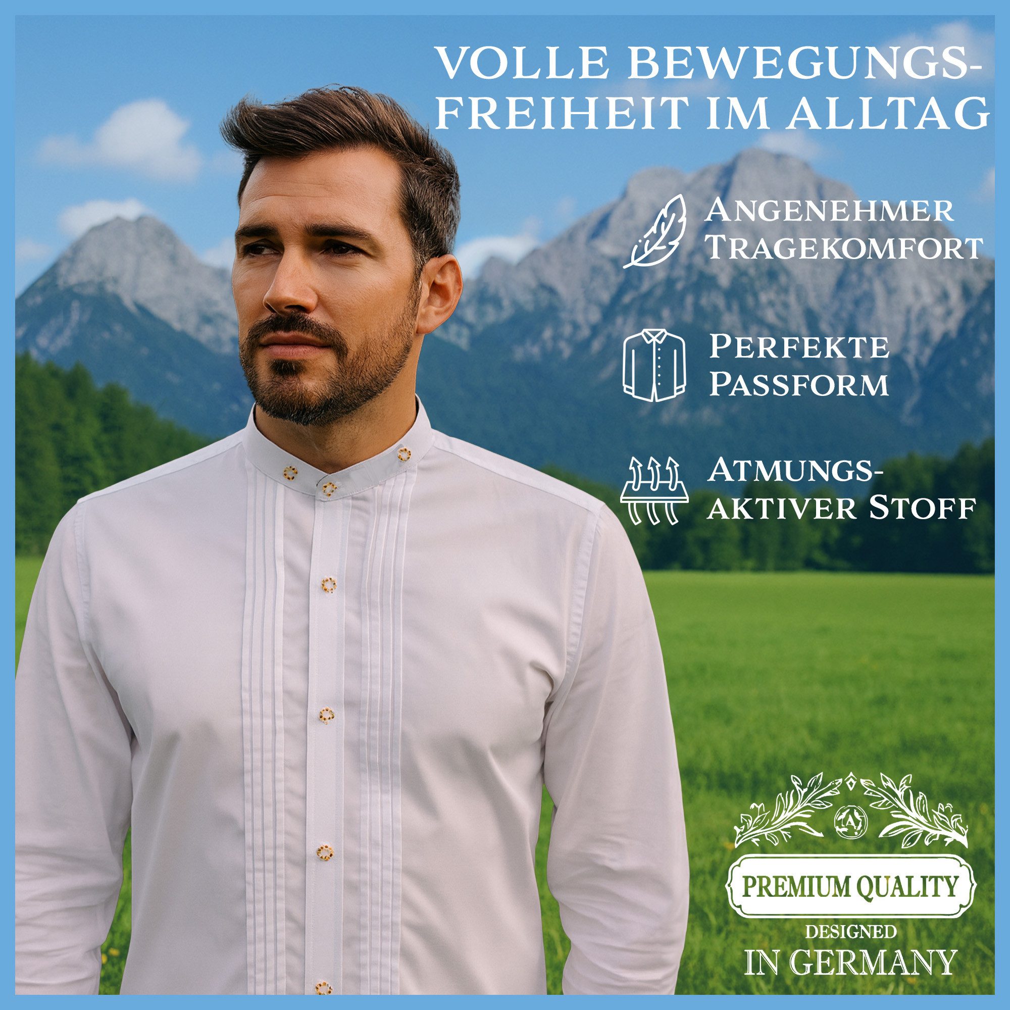 Steigenhöfer Manufaktur Trachtenhemd Langarm - Valentin - Herren Hemd mit Stehkragen - Hornoptik-Knöpfe Traditionell bayrisches Hemd mit angenehmen Tragekomfort - Oktoberfest