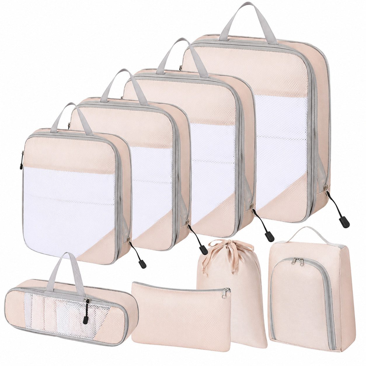SURFOU Kofferorganizer 8er Set mit Kosmetiktasche und Packtaschen, Schwarz/Beige, (Set, 8-tlg)Packing Cubes, Reise Packtaschen, Faltbar, Verstaubar