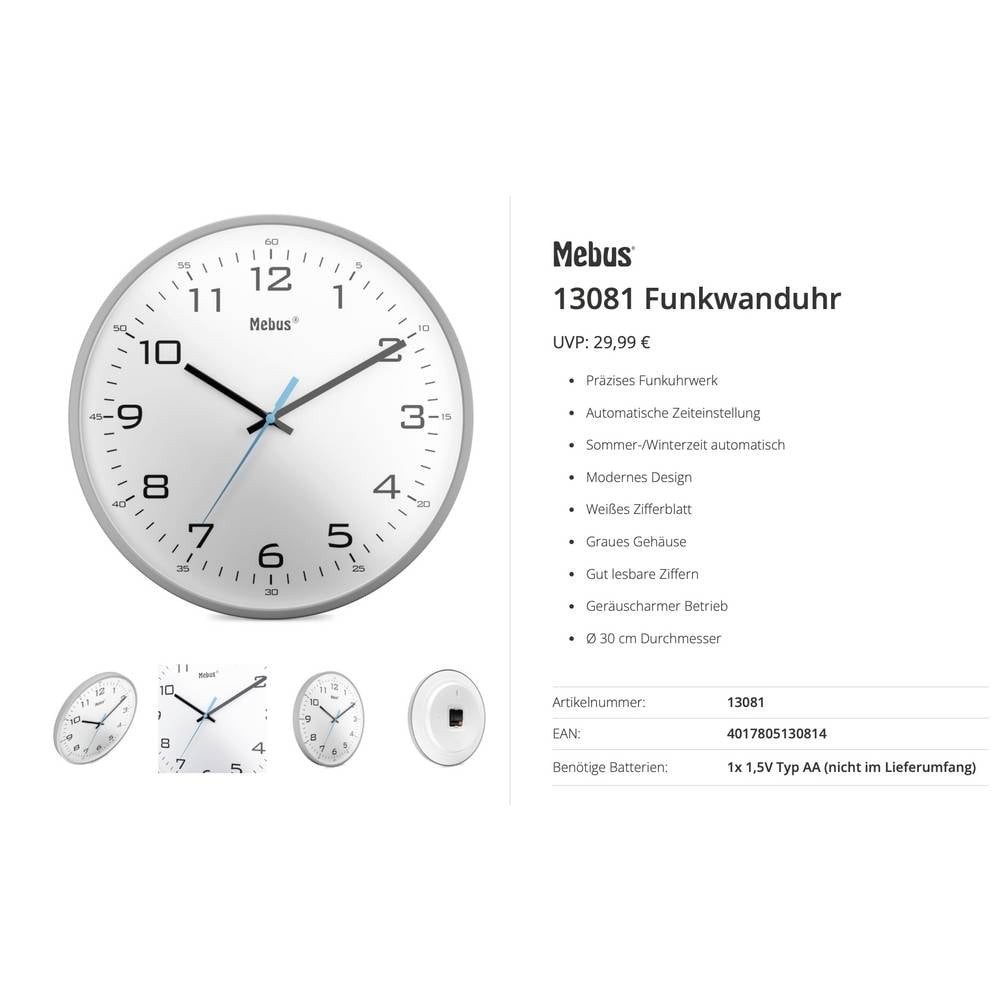 Mebus Wanduhr 13081 Funk Funkuhr 30 cm Grau Leisegang-Uhrwerk (Leisegang-Uhrwerk)