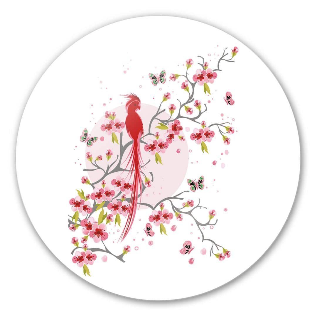 K&L Wall Art Gemälde Wandbild Wandschutz Büro Deko Bilder rosa Paradies Rund Glasbild Chinoiserie rot, Glas Vogel