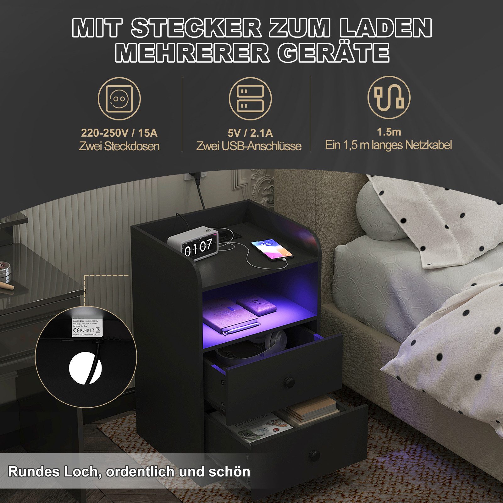 Woltu Nachttisch (2-St), Nachtschrank mit LED-Licht günstig online kaufen
