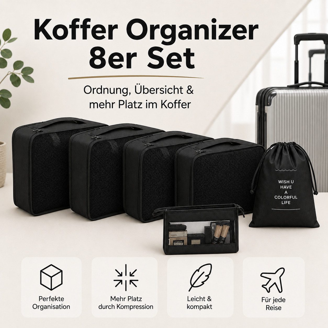 Everhomely® Kofferorganizer Kofferorganizer 8er mit Kosmetiktasche – Packtaschen Packwürfel Reisen (Set, 8er Set)
