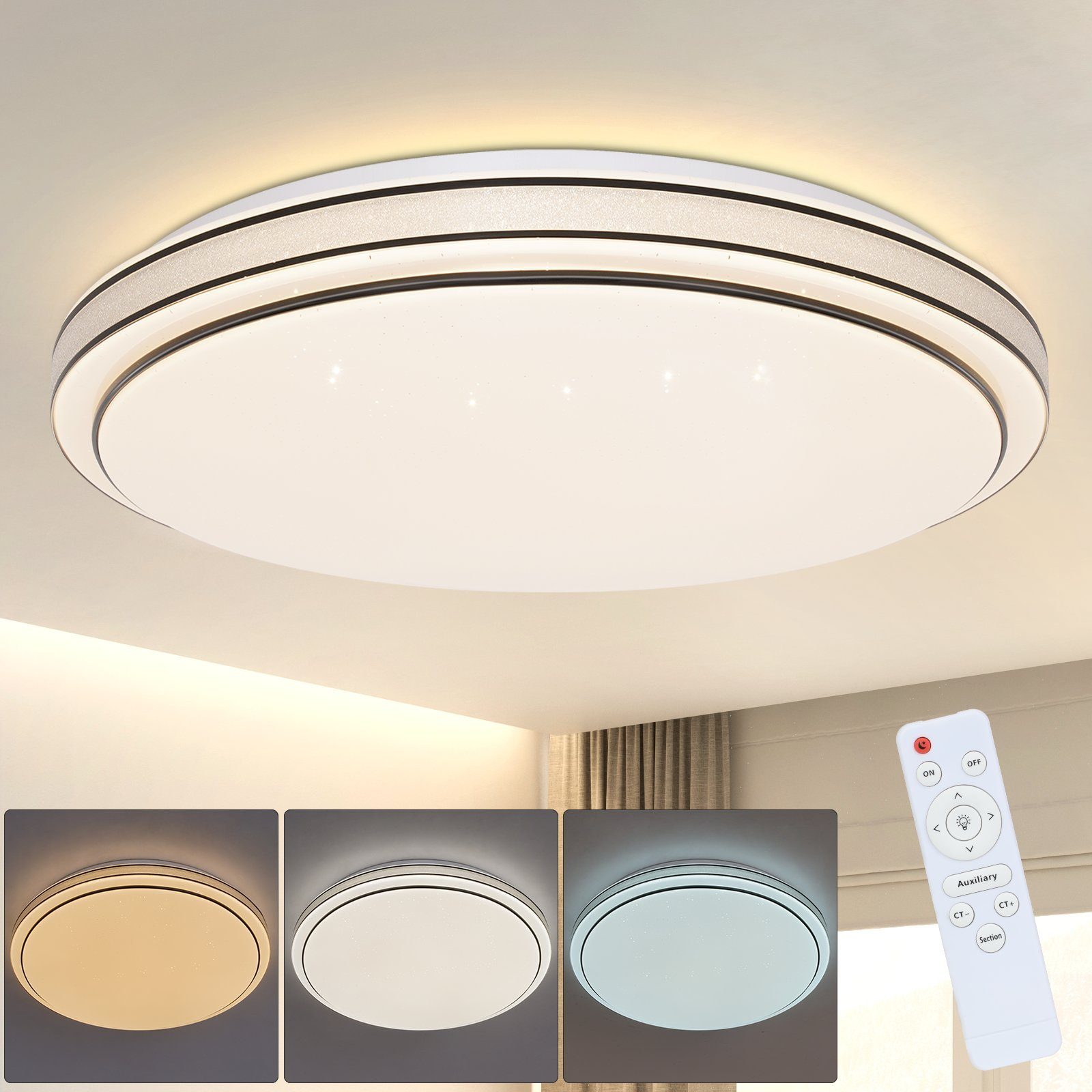 ZMH LED Deckenleuchte Schlafzimmerlampe Sternenhimmel Modern Küchenlampe Rund, LED fest integriert, 3000-6000k, Flimmerfrei, 3000-6000k, ∅40cm
