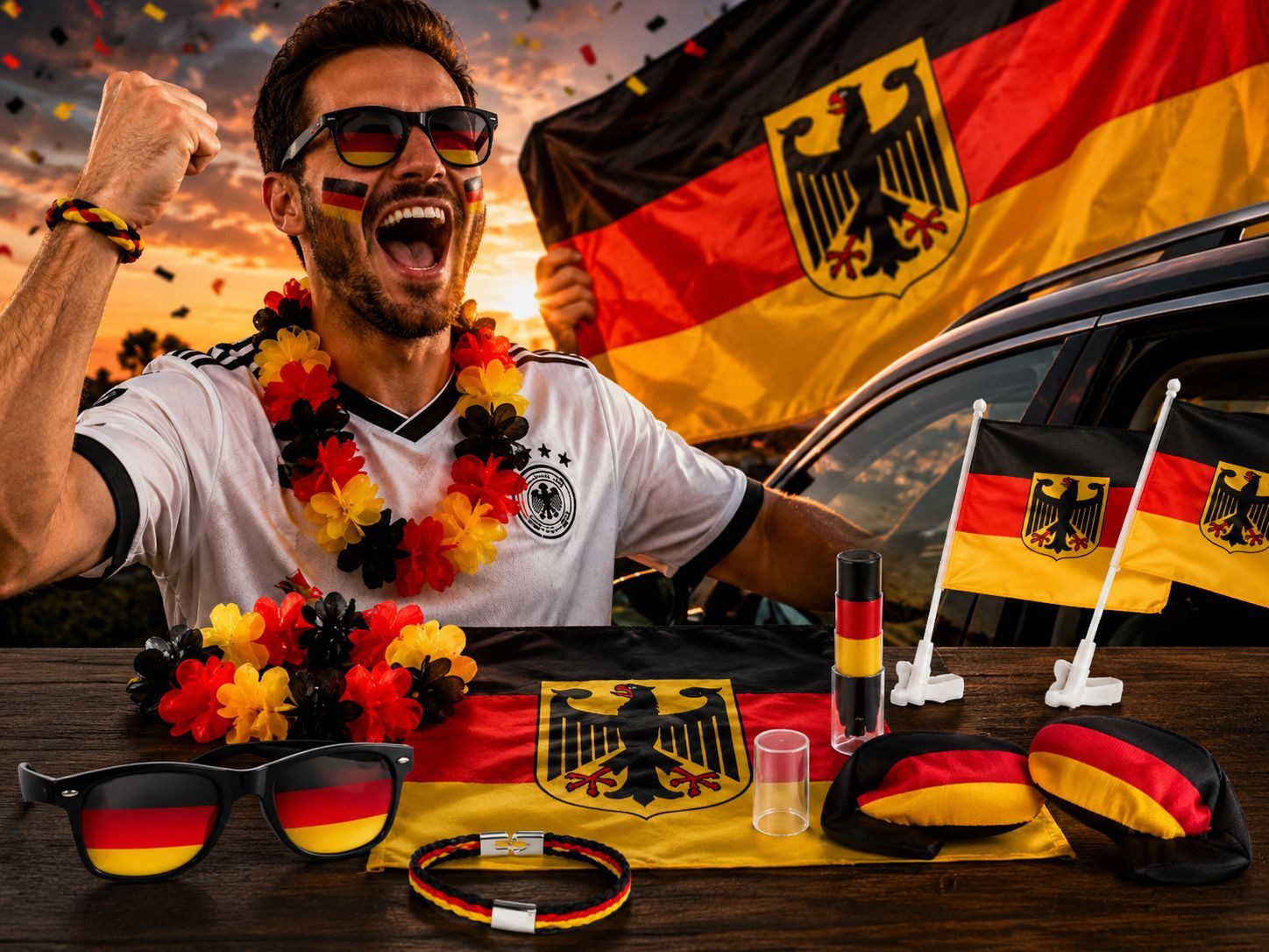 Taffstyle Flagge  Fanartikel Set Deutschland Brille Schminke Armband Autoflaggen (Fußball Fan Set Deutschland mit Fahne Fanbrille Autofahnen und Schminke), Fussball Weltmeisterschaft 2026