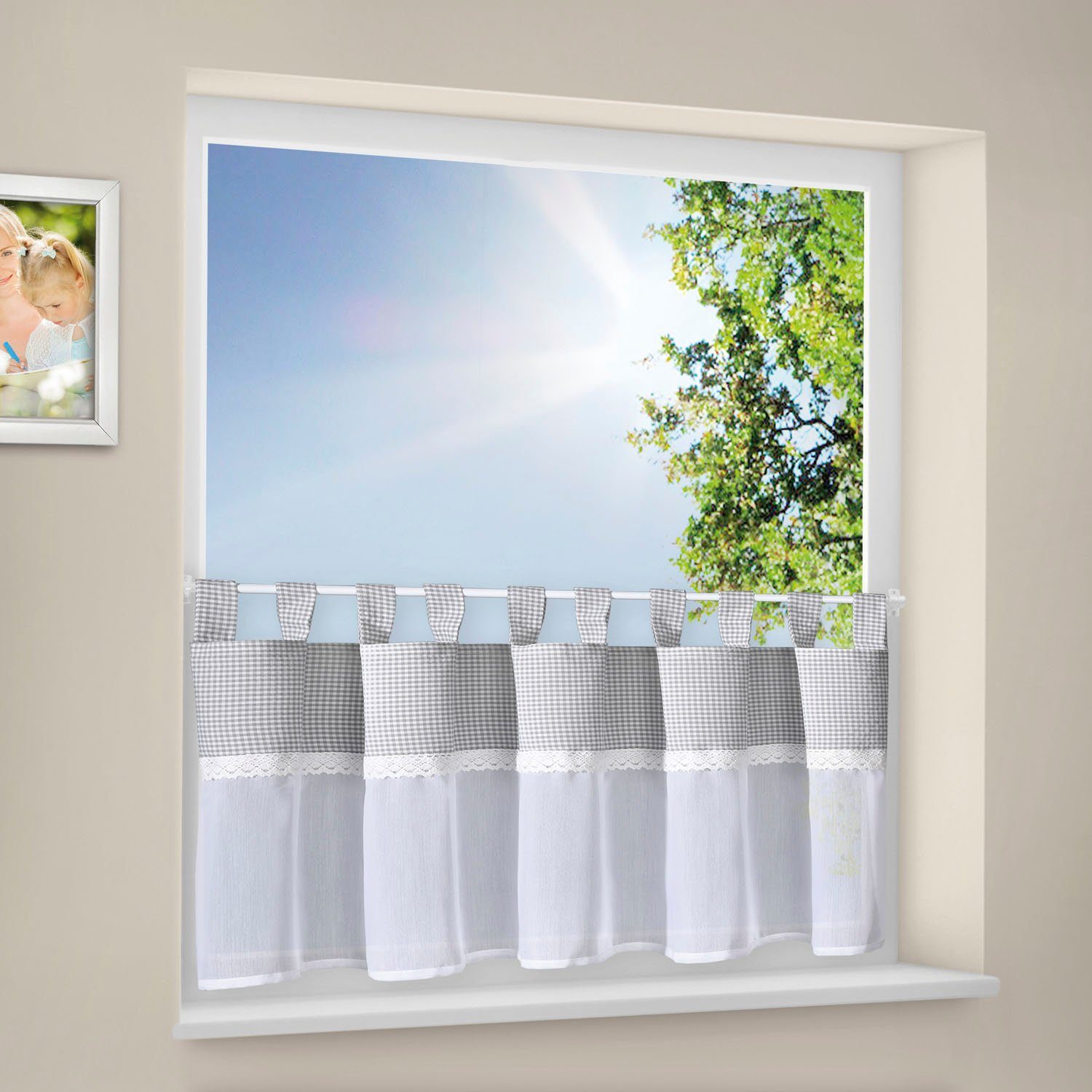 Gerster Scheibengardine Bavaria (1 St), Schlaufen, transparent, HxB: 50x150, mit Karo-Muster und Spitzenbesatz