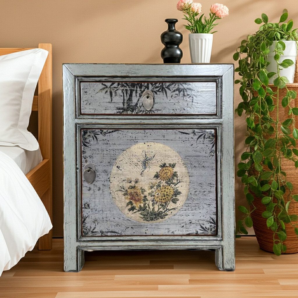 OPIUM OUTLET Nachttisch Nachtkästchen Nachtschrank Schränkchen Nachtkonsole (Breite x Tiefe x Höhe: 45 x 33 x 55 cm / Kommode Vintage-Stil, Asia Möbel komplett montiert), asiatisch chinesisch orientalisch