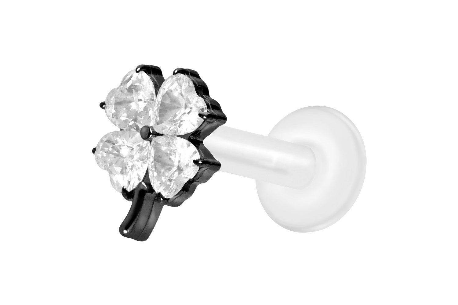 Piercing-Set PTFE Labret mit Innengewinde + Titan-Aufsatz KRISTALLKLEEBLATT