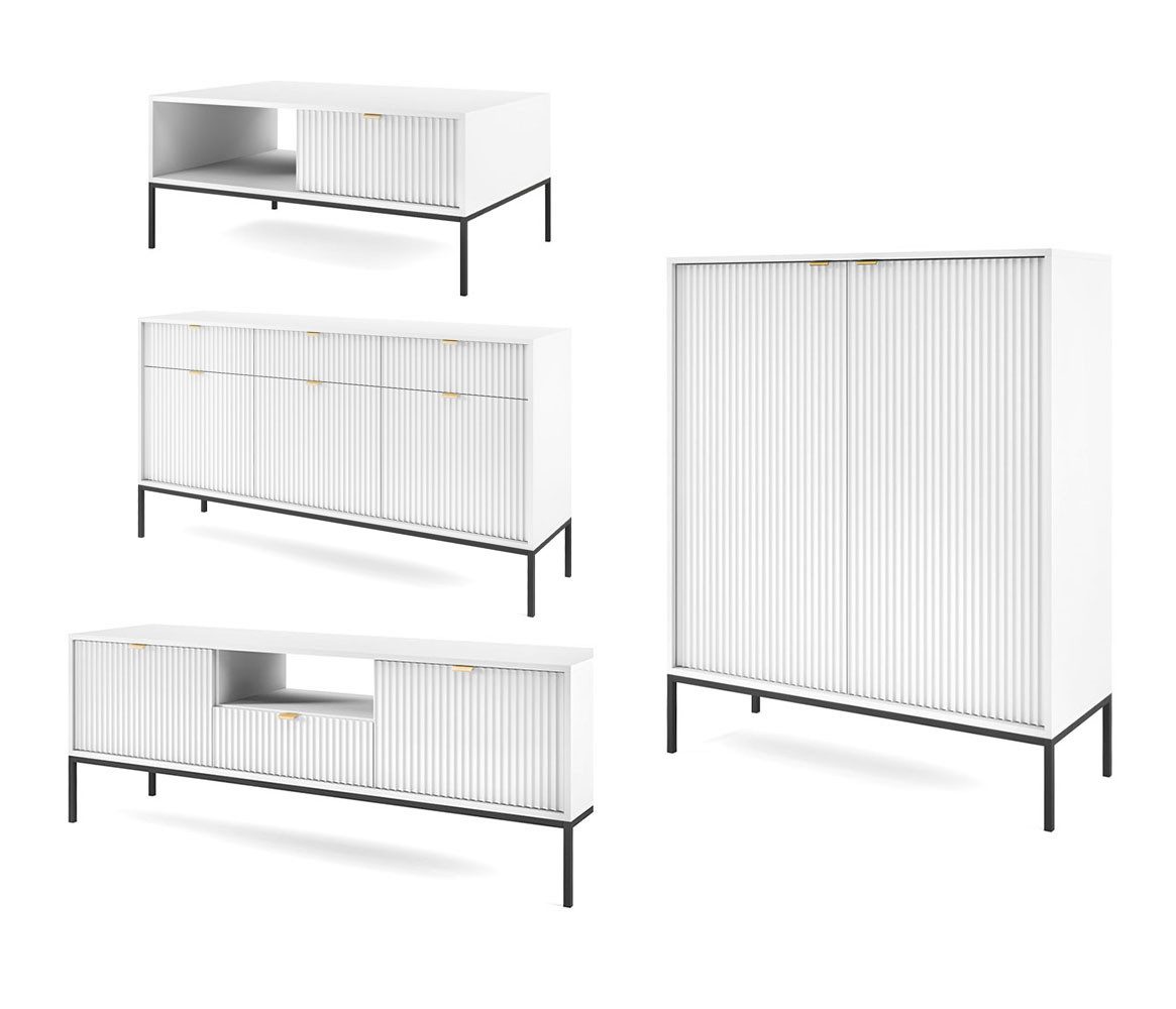 Feldmann-Wohnen Wohnwand Nova, (1 Couchtisch, 1 Lowboard, 1 Highboard, 1 Sideboard, 4-St., Riffel-Optik Front, goldfarbene Metallgriffe, ABS-Kanten), 4-teilig MDF Weiß