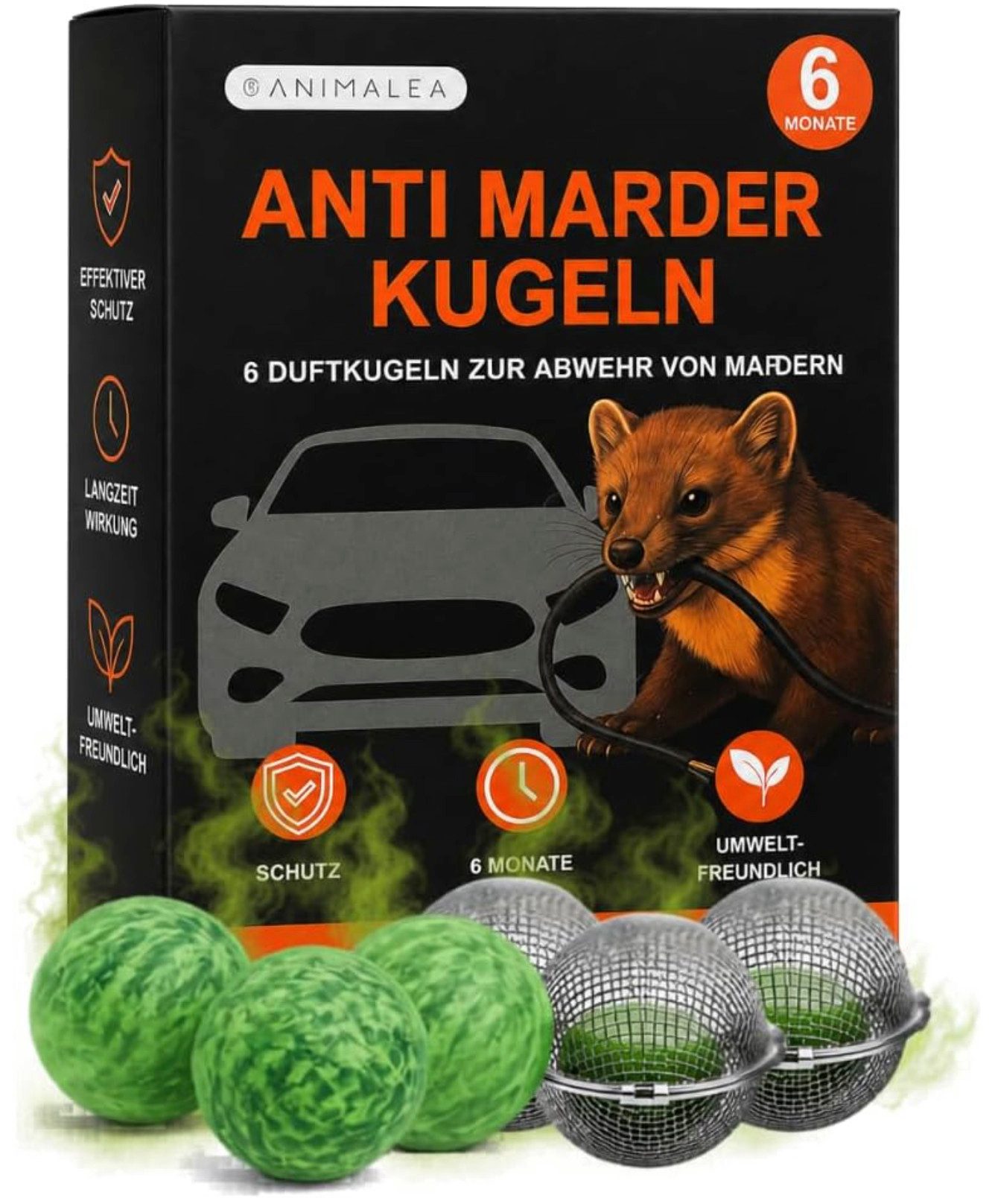 Animalea Verbiss- und Knabberschutz Marderschreck Auto – 6 x Marderkugeln inkl. 3 Schutzkorb Halterungen, 6-St.