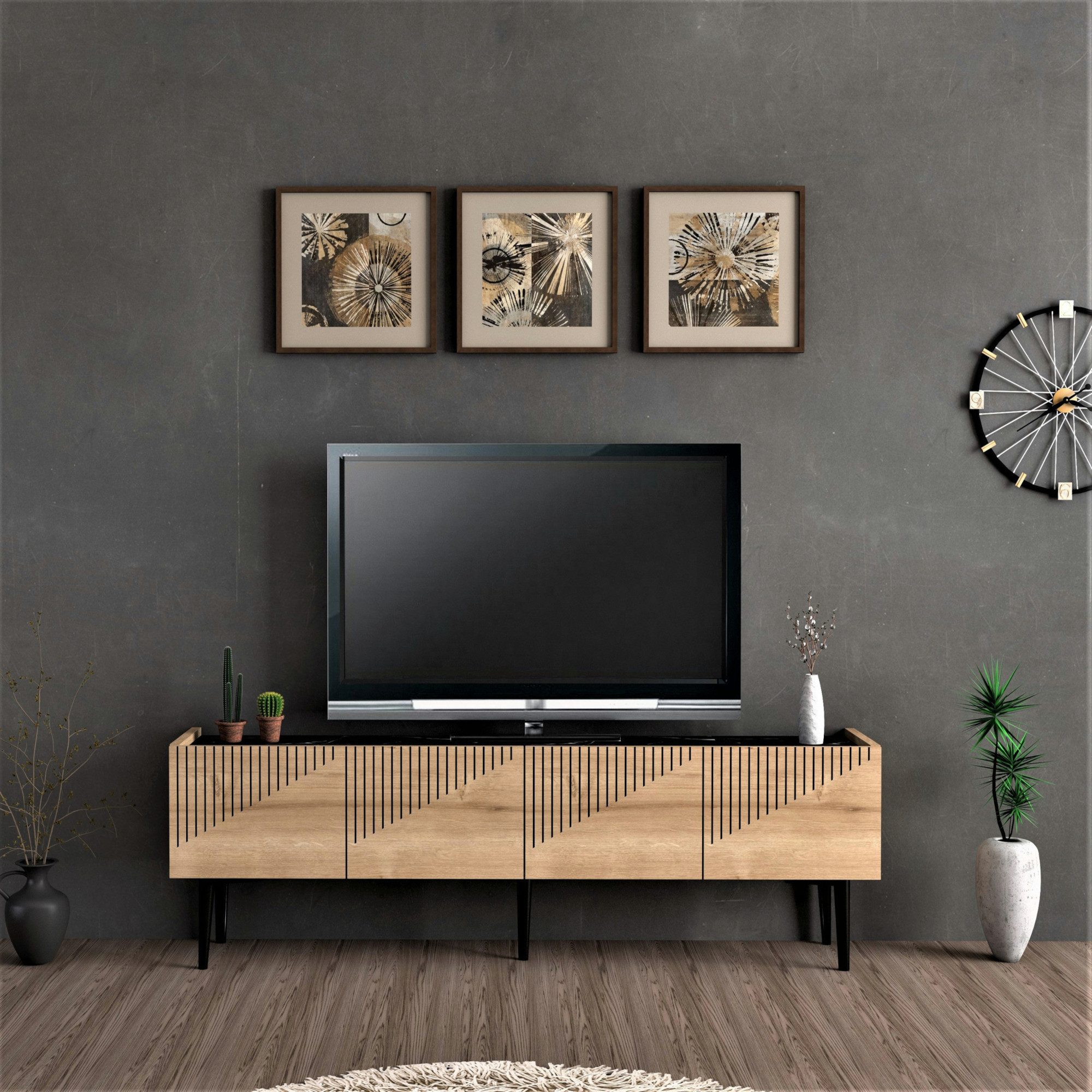 en.casa TV-Schrank »Oppdal« 154x37x45cm Eiche / Marmor, schwarz