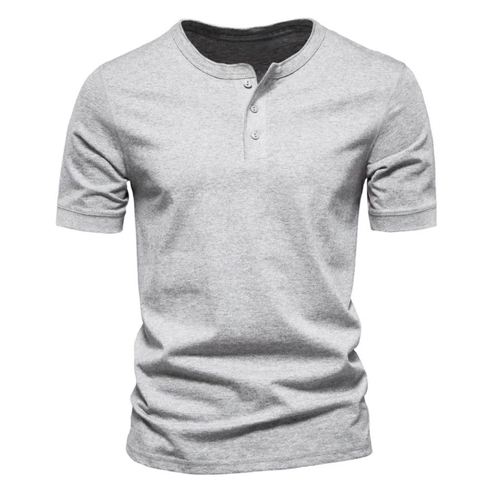 Lapastyle Henleyshirt Herren Kurzarm T-Shirts Oberteile Basic Tops Rundhals Hemden Sommer Einfarbig Knopf Sportshirits Slim-Fit Shirt Hellgrau