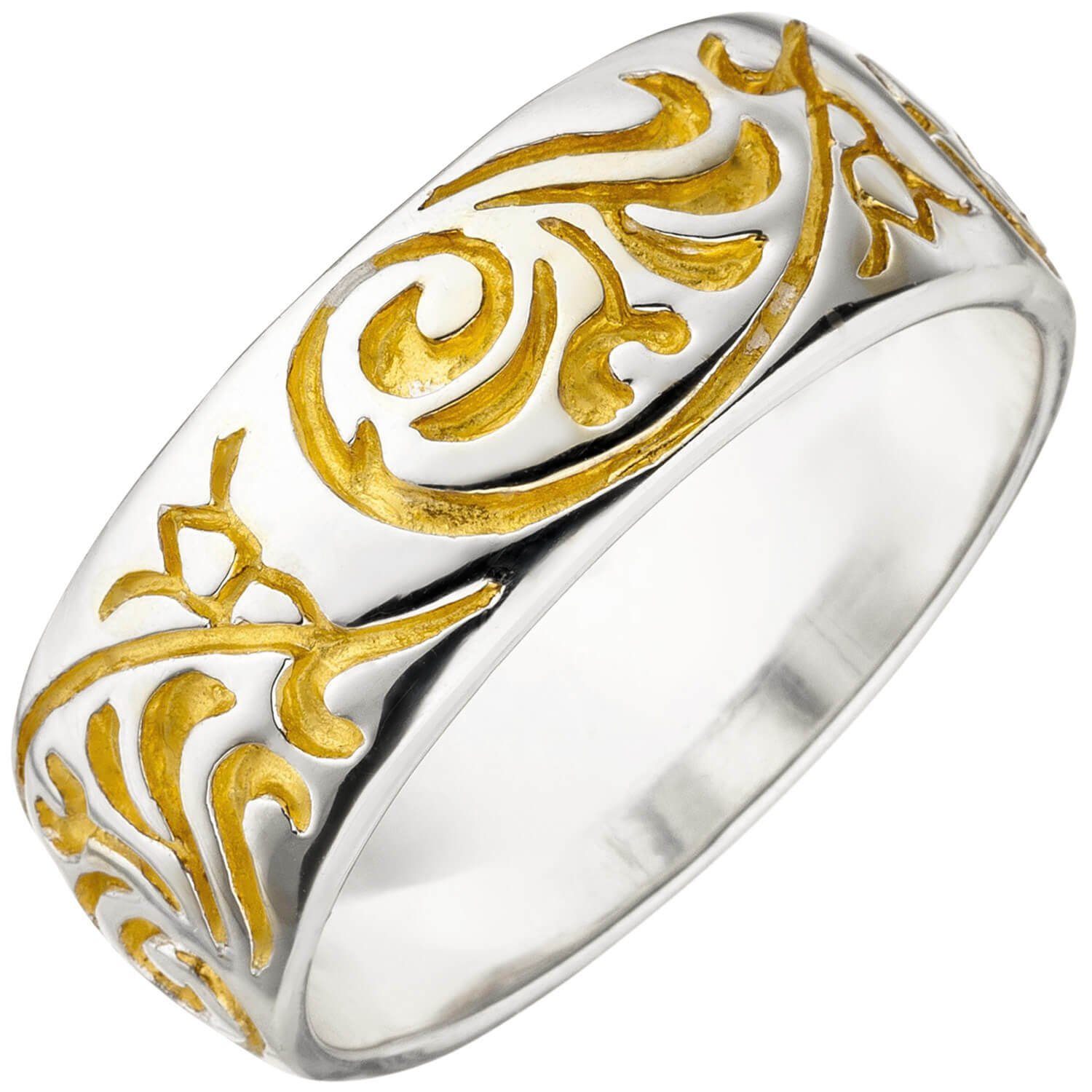 Schmuck Krone Silberring Ring Damenring mit Ornament Muster 925 Silber vergoldet Silberring Fingerschmuck, Silber 925