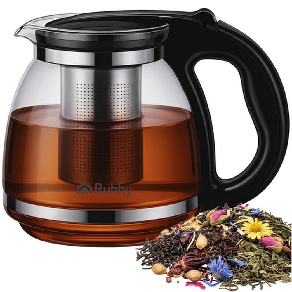 Ruhhy Teekanne Glasteekanne Kräutertee-Sieb, 2 l, (Spar-Set, Aufgussbehälter), Thermoschockresistent für sicheren Einsatz bei hohen Temperaturen