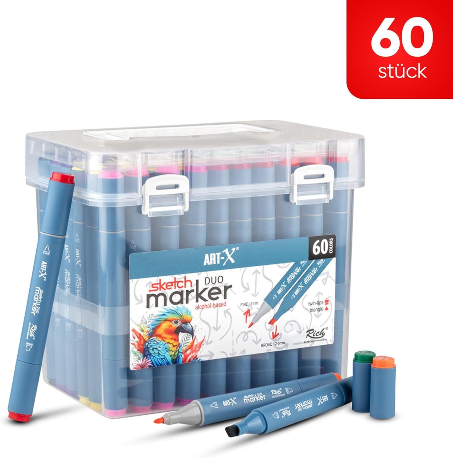 ART-X Marker Skizzen Duo Marker Set - 60 Farben, Alkoholbasiert, Sketch Marker, (Marker-Set, 60-tlg., 60 Farben, Fein- & Keilspitze), Alkoholbasis; Schnelltrocknend; Lichtecht; Doppelseitig