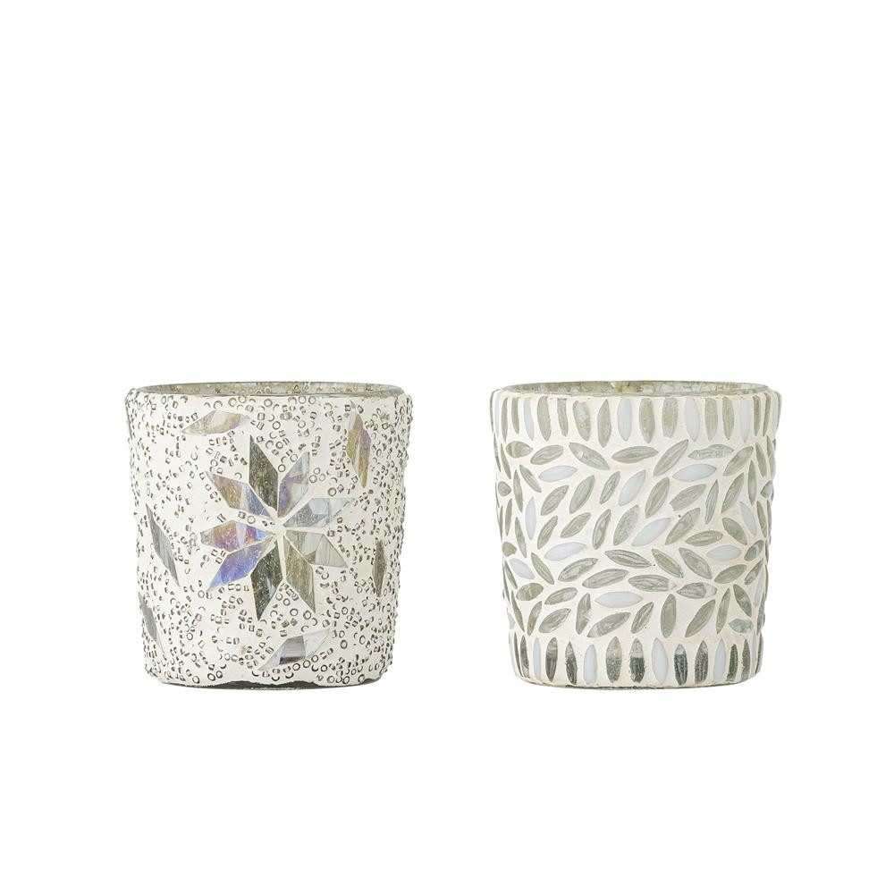 Bloomingville Teelichthalter Myr Windlichter, Weiß mit Blattmotiv, Glas, 2er Set, botanisches Blattmotiv, Mosaikoptik, Windlicht Set, Winterdeko
