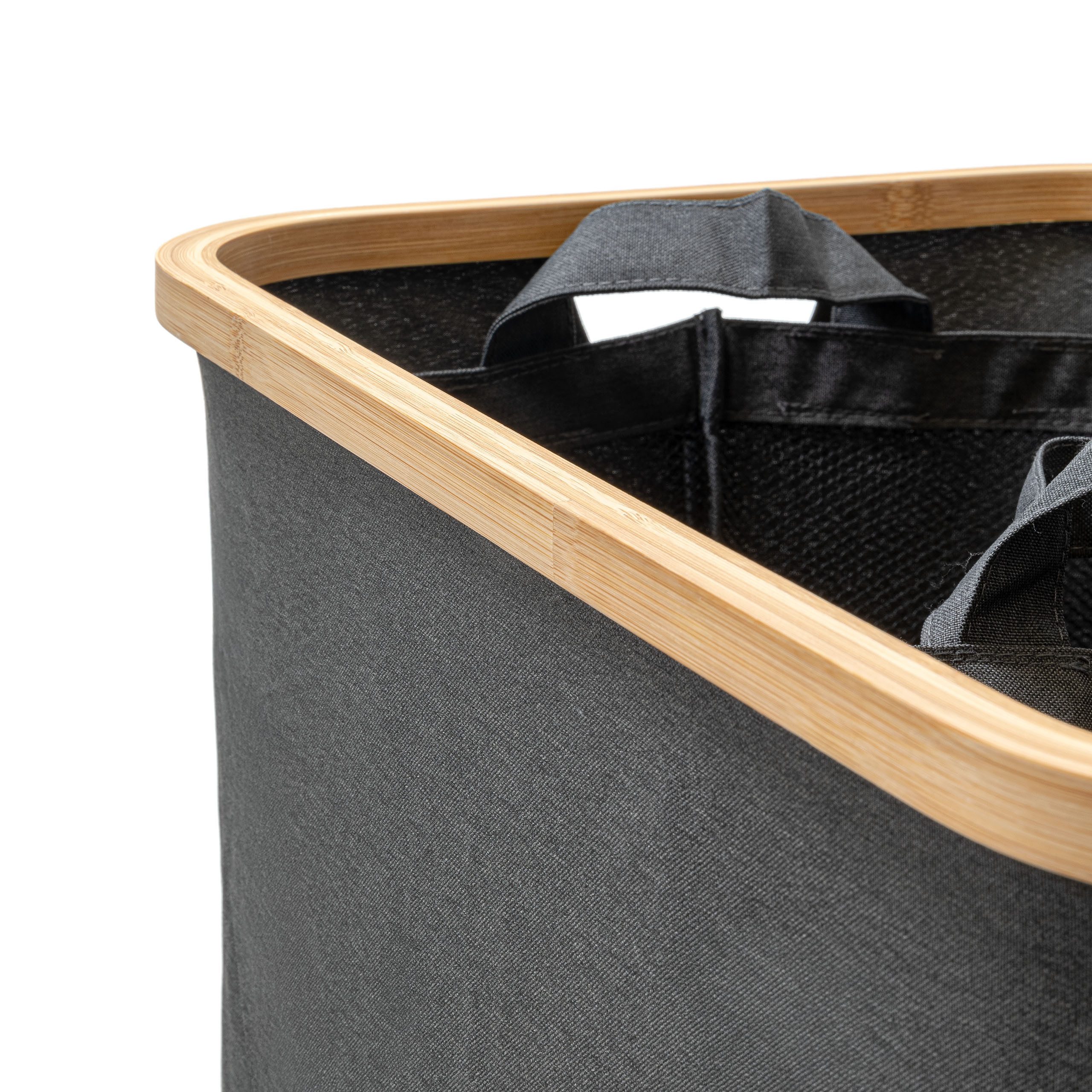tasir Wäschebox Wäschekorb, 140 Liter, 2 Fächer, mit Deckel und Bambus-Rahmen, Wäschesammler mit 2x Wäschesack zum herausnehmen, grau faltbar