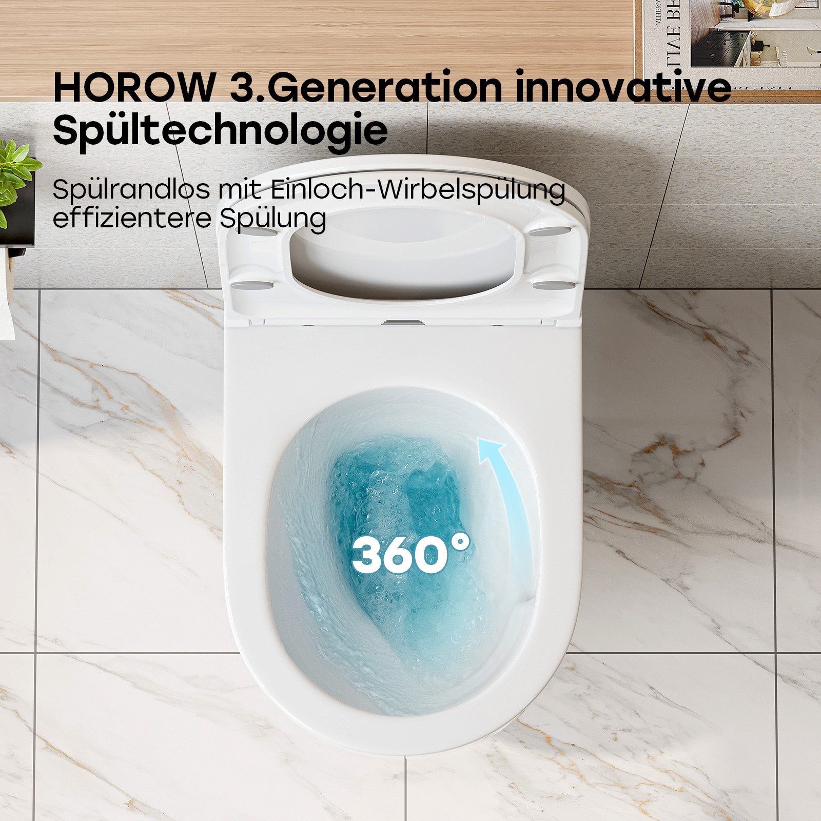 HOROW Tiefspül-WC Wand WC Spülrandlos, Hänge WC Keramik, Toilette inkl. Toilettendeckel, wandhangend , Abgang waagerecht, WC 54×36×35,5cm, 360° Einloch Spülung Flachspül-WC mit Soft-Close