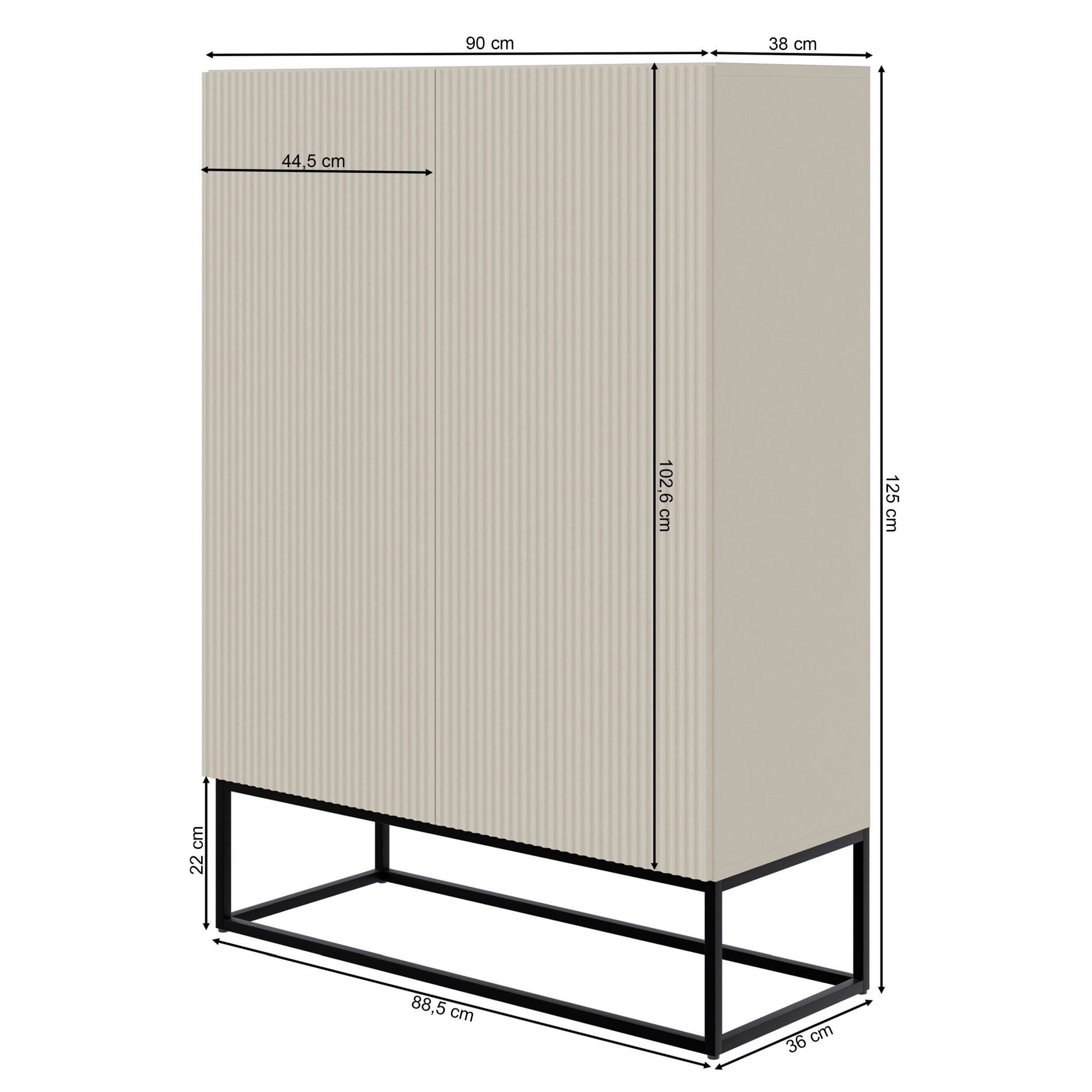 Selsey Highboard VELDIO, Highboard 2-türig mit 3 Fächern, Lamellenfronten und goldenen Beinen