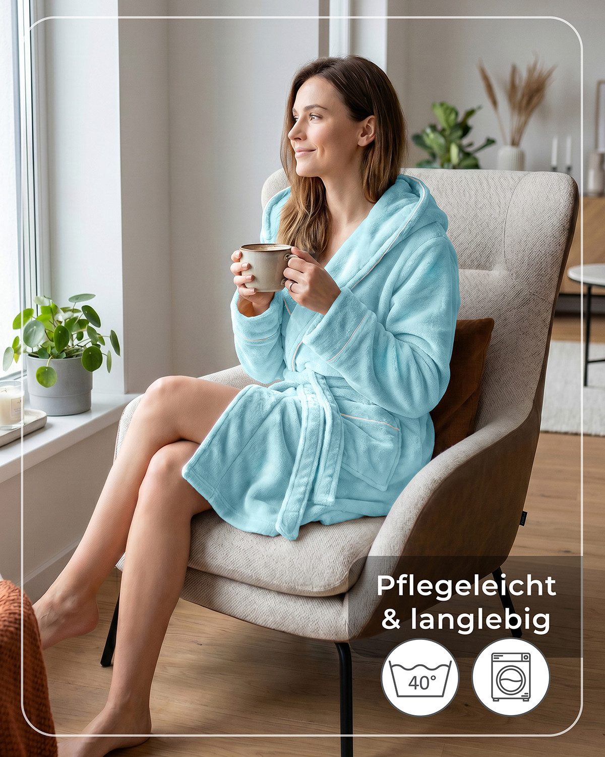 Gräfenstayn Damenbademantel Bademantel Damen flauschig Kapuze Kuschelfleece leicht kurz, warm & kuschelig, Knielang, Fronttaschen, Gürtel, S-XXL – Bild 5 von 5