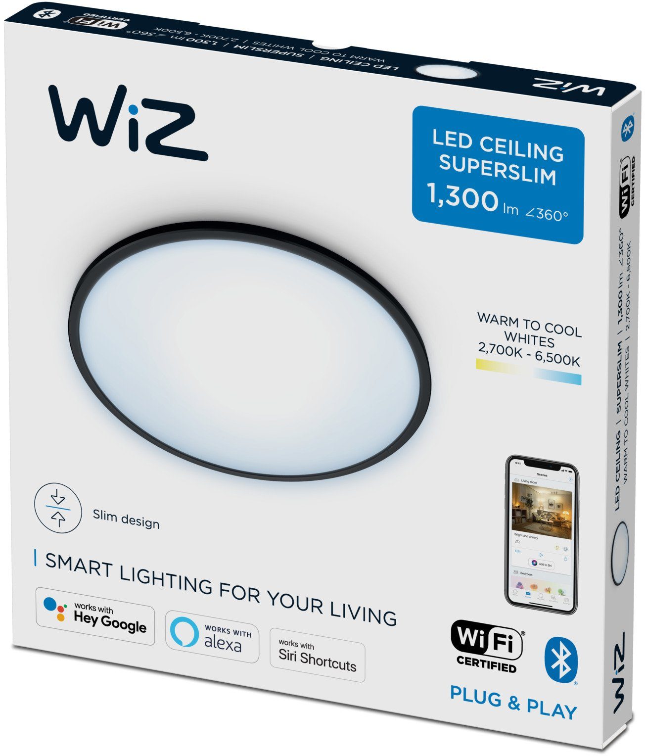 oder kaltweiß, WiZ integriert, ein warm- LED Super kaltweißes Wohnräumen in fest Slim, erzeugt - warmweiß Deckenleuchte Licht einstellbares