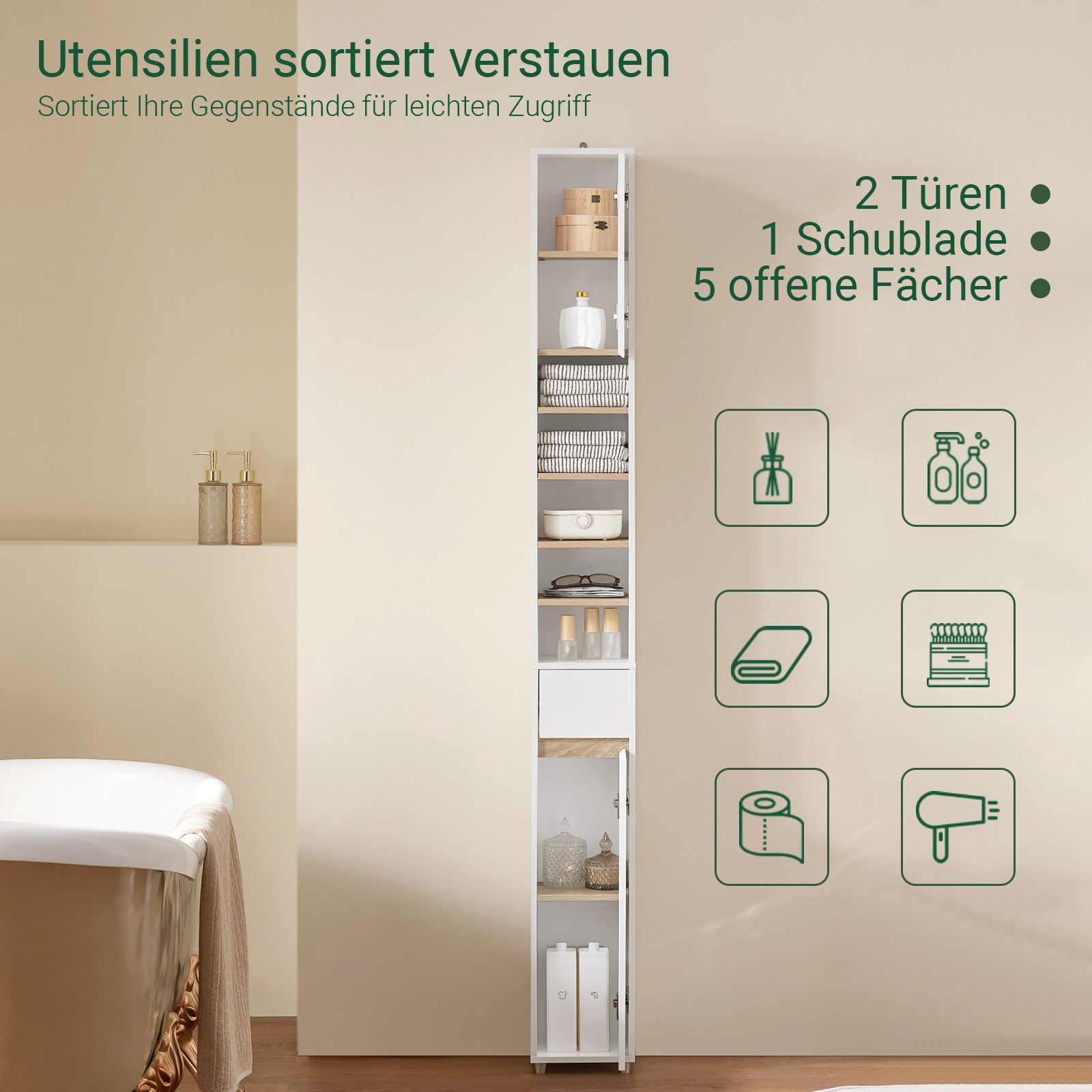 SoBuy Badezimmerschrank mit 5 Fächern und 1 Schublade MDF Weißnatur BZR34-W günstig online kaufen