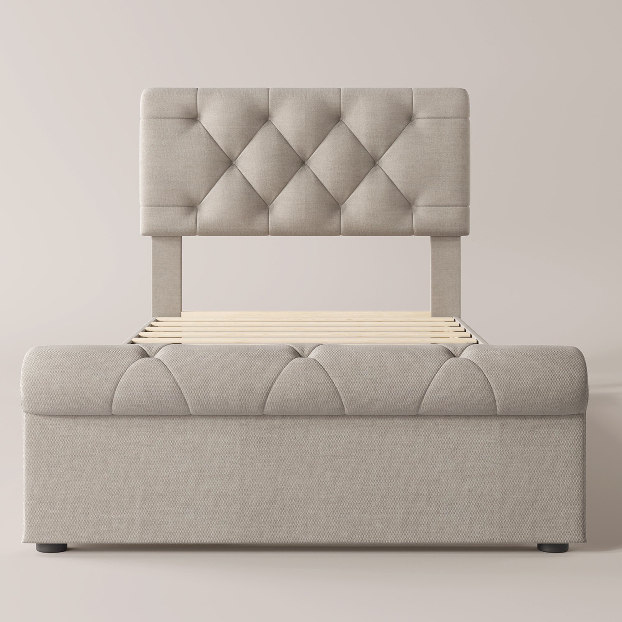 Polsterbett (Stauraumbett, mit 2 Schubladen und Lattenrost), Einzelbett 90x200cm mit Höhenverstellbarem Kopfteil, Bezug aus Leinen
