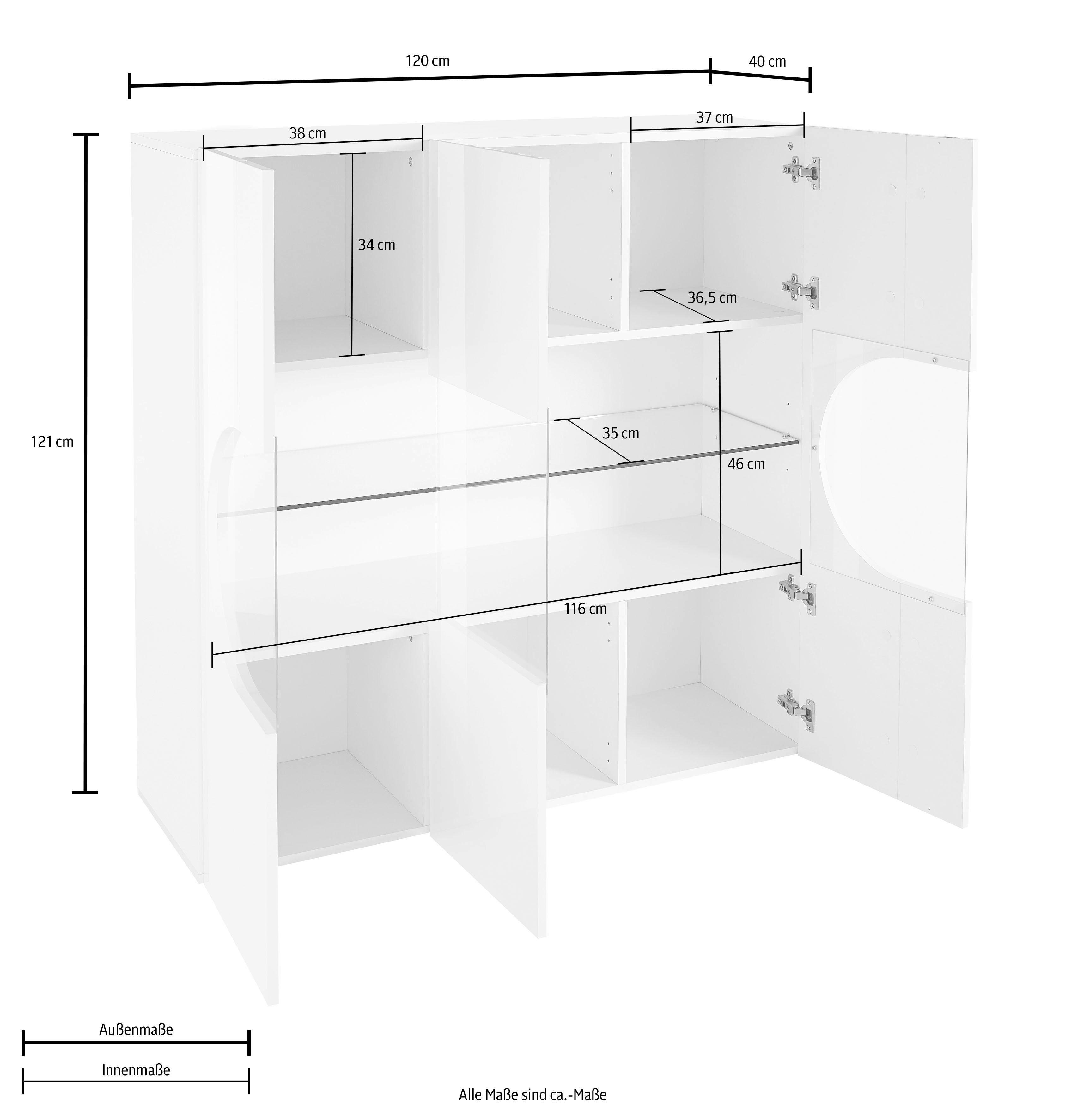 Home affaire Highboard Real,Highboard,Kommode,Schrank mit 3 Türen,komplett hochglanz lackiert, mit 3 Türen, davon 2 aus Glas, mit einer großen Glasablage, Höhe 121