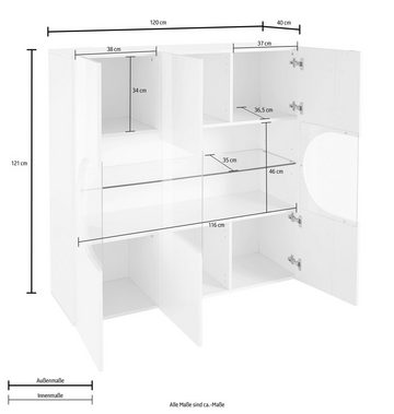 INOSIGN Highboard Real,Highboard,Kommode,Schrank mit 3 Türen,komplett hochglanz lackiert, mit 3 Türen, davon 2 aus Glas, mit einer großen Glasablage im Inneren