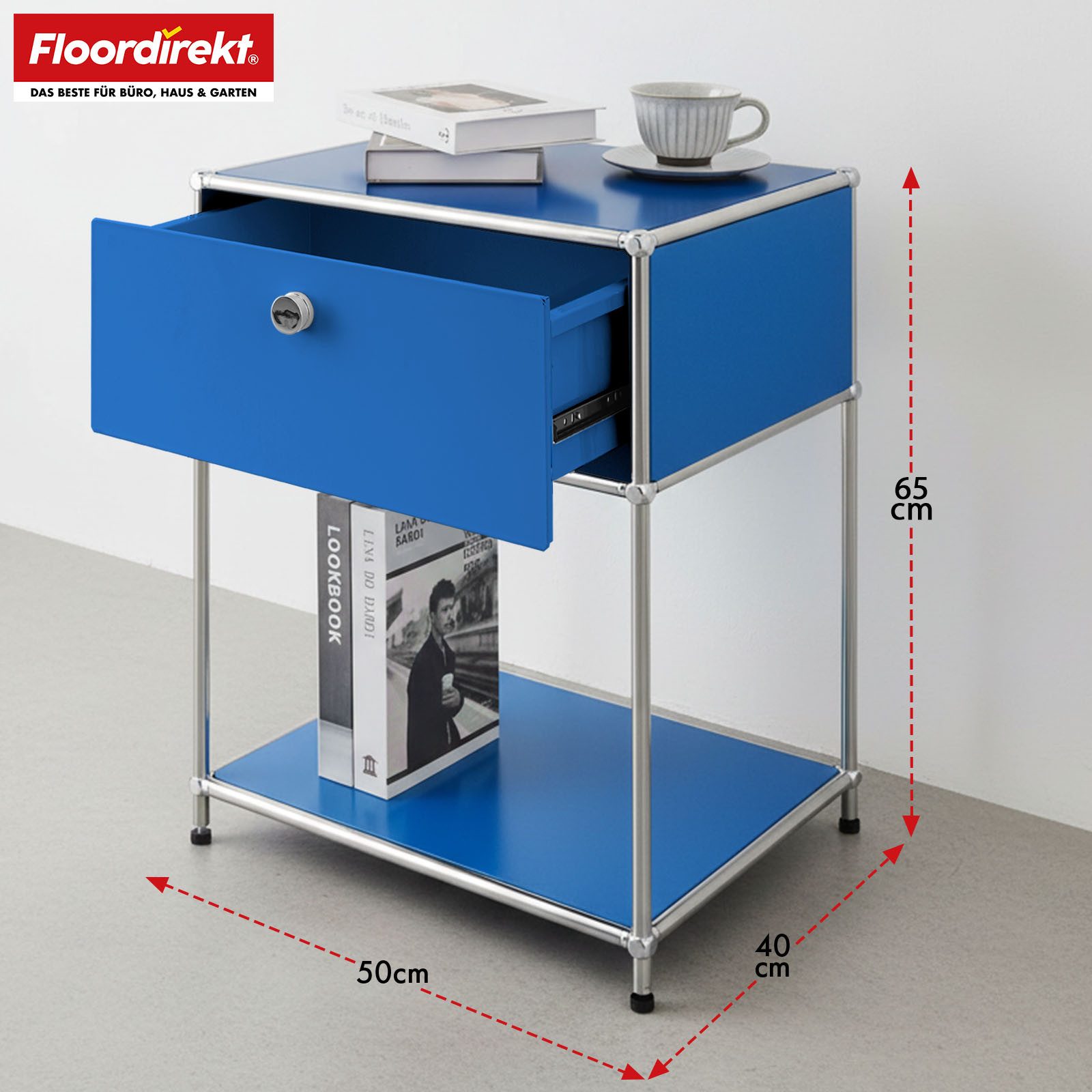 Floordirekt Beistelltisch Concept Epure MK-139, B50 × T40 × H65 cm, verschließbare Schublade (modular, kratzfeste Pulverbeschichtung), Beistellregal mit verchromtem Metallgestell, höhenverstellbare Füße