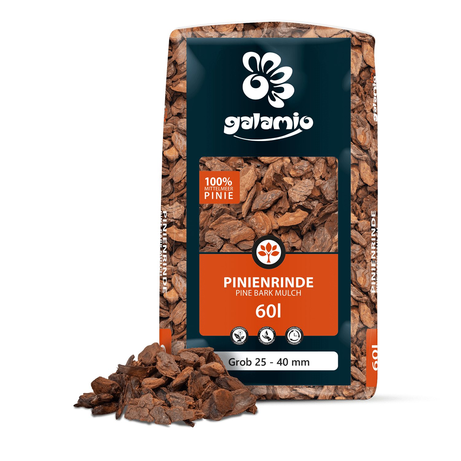 GALAMIO Pinienrinde Rindenmulch Pinie Grob 25-40 mm, (Paket, 1-St)