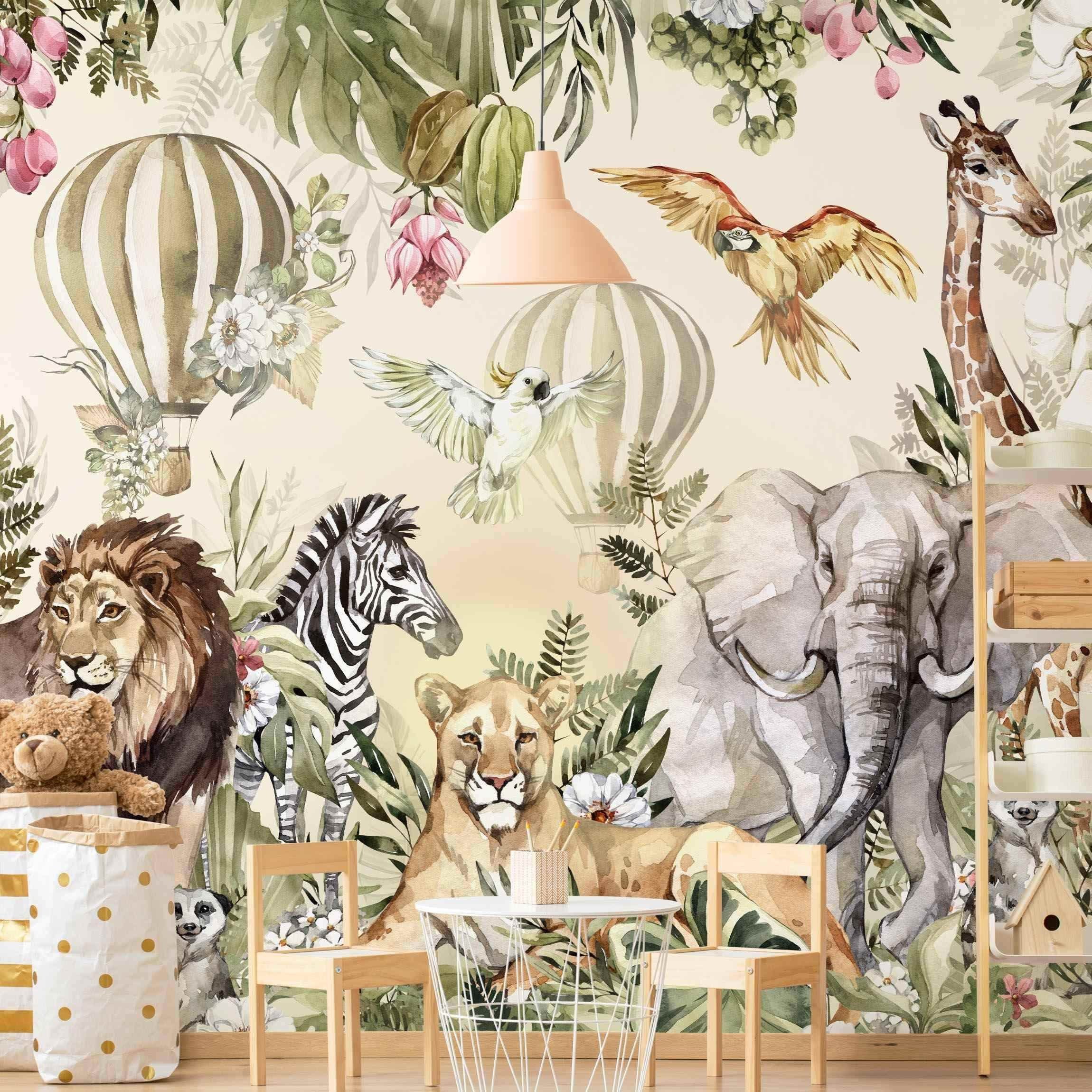 Bilderdepot24 Kindertapete Kinderzimmer Aquarell Tiere Ballon Dschungel Kinder Wanddeko, Glatt, Matt, (Vliestapete inkl. Kleister oder selbstklebend), Mädchenzimmer Jungenzimmer Babyzimmer Bildtapete Fototapete Wandtapete