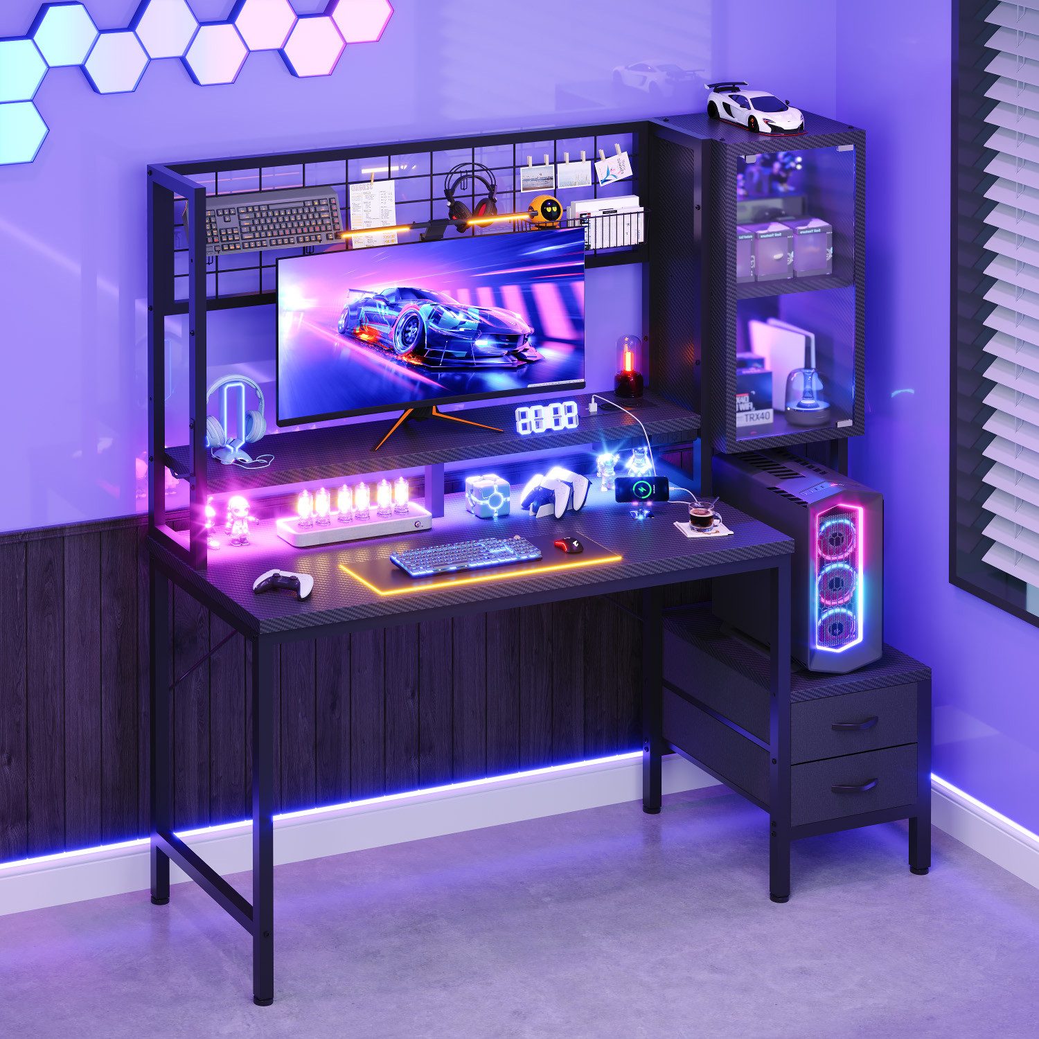 HOMALL Gamingtisch Gaming Schreibtisch mit USB-Steckdose & RGB LED (mit Monitorständer & Vitrine, mit 2 Schubladen, Ergonomischer Computertisch mit Stromleiste, 120/140cm Schreibtisch für Gaming & Homeoffice, Schwarz)