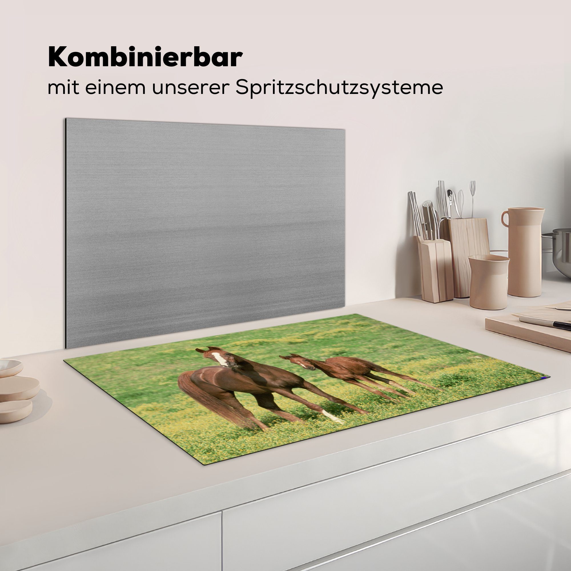 für tlg), küche, Vinyl, Pferde 81x52 - cm, Herdblende-/Abdeckplatte (1 Induktionskochfeld Gras - die MuchoWow Schutz Braun, Ceranfeldabdeckung