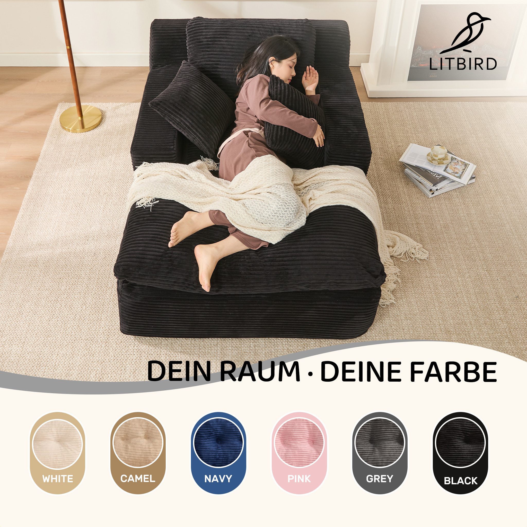 LITBIRD Chaiselongue 160 cm Loungesofa, Boneless Bodensofa & Schlafsofa mit Schlaffunktion, 1 Teile, Platzsparendes Cloud Sofa mit Armlehnen für Wohnzimmer