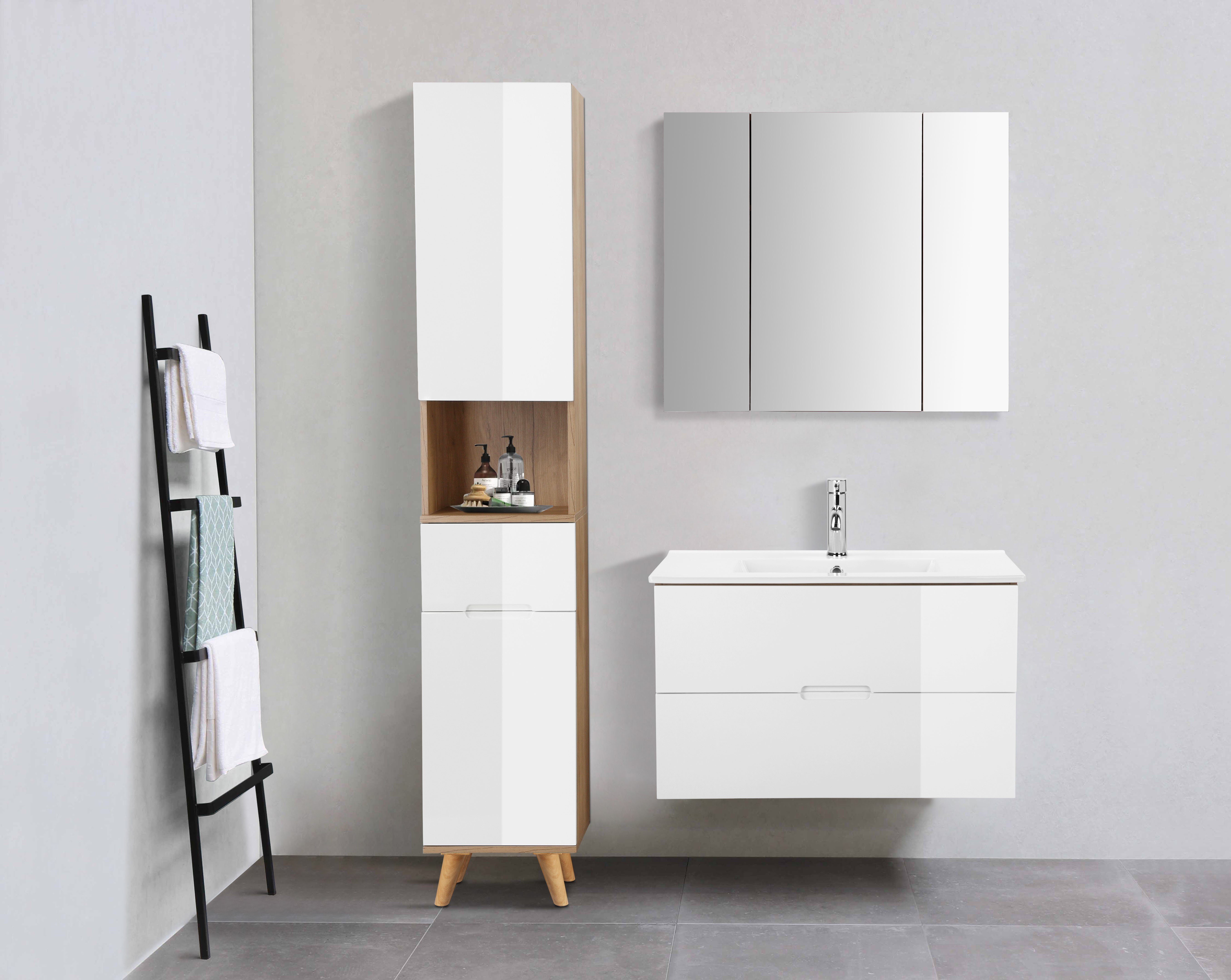 Badschrank WC andas mit Badezimmerspiegelschrank 3 Wandspiegel Spiegel ohne 80cm Türen Lund Spiegel LED Spiegelschrank Breite Badezimmerspiegel Bad