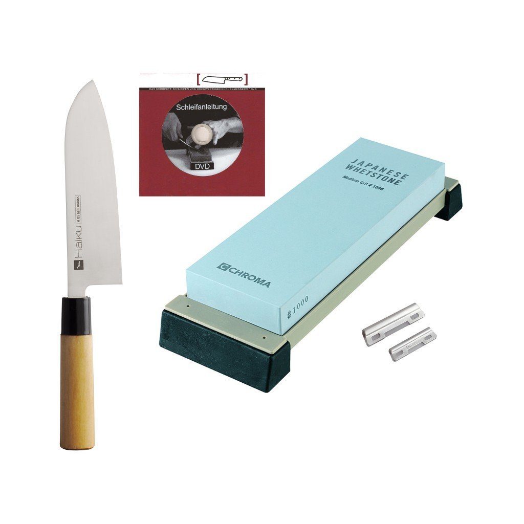 CHROMA Messer-Set, DVD + Schleifstein Santoku + Schleifhilfe Messerset: + Haiku