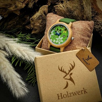 Holzwerk Quarzuhr WIESENTAL Damen Holz Uhr mit Silikon Armband & Blumen Muster, grün