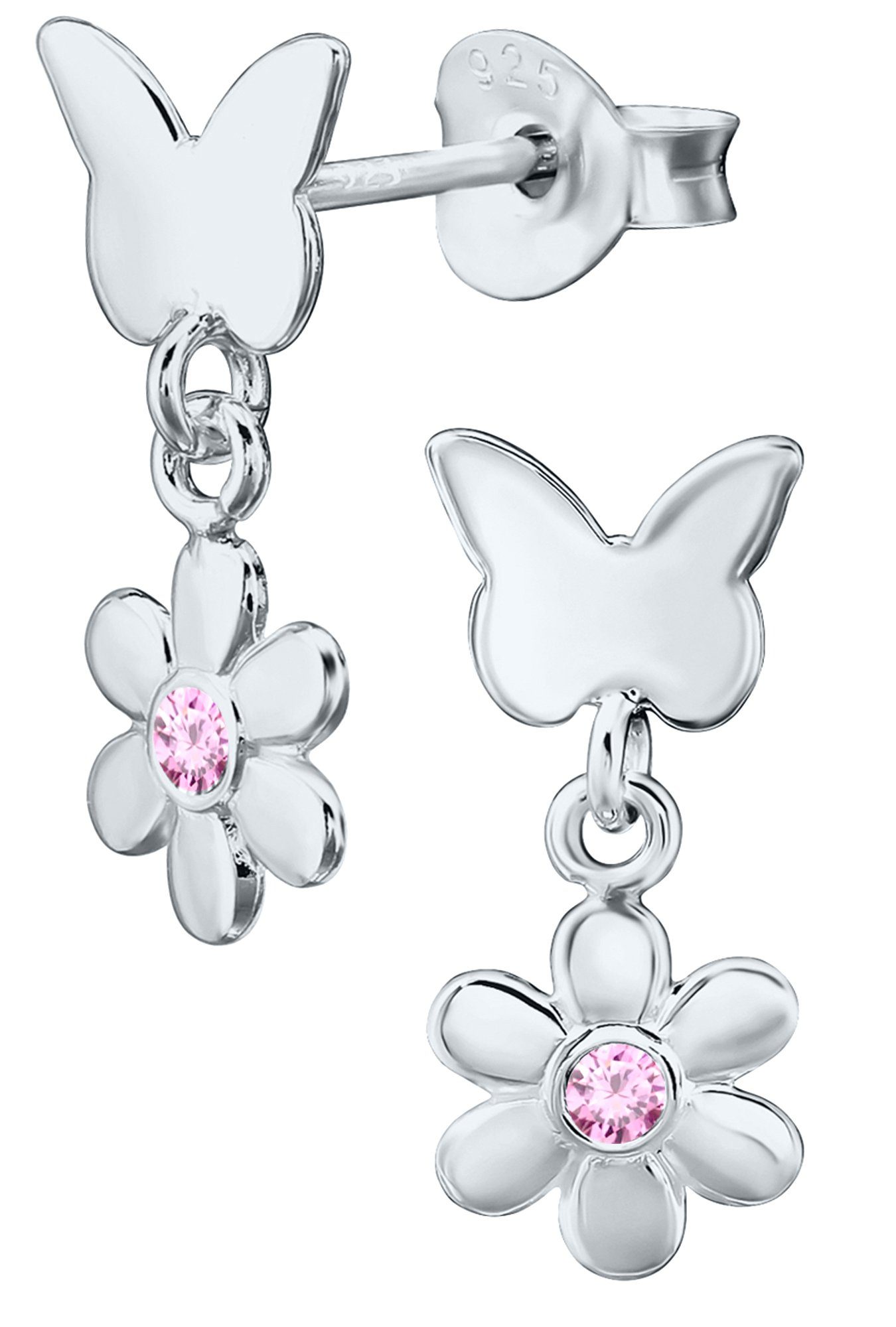 Limana Paar Ohrstecker Ohrhänger Mädchen Kinder Silber 925 Schmetterling Blume rosa, Kinderohrringe Mädchenohrringe mit Zirkonia Geschenkidee Geschenk Idee