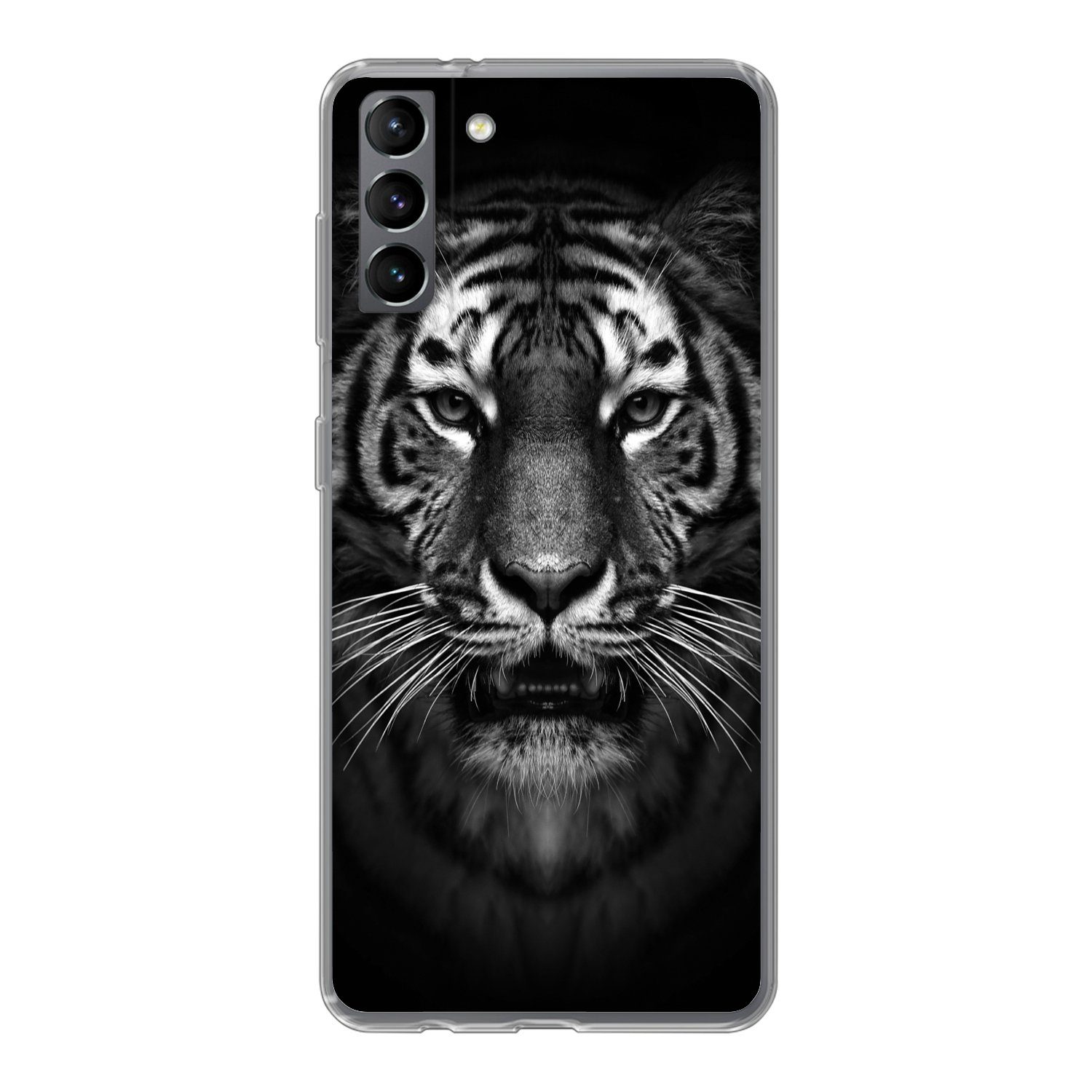 MuchoWow Handyhülle für Samsung Galaxy S21 Plus Tiger - Tiere - Schwarz - Weiß - Porträt -, Phone Case, Silikon, Schutzhülle Dünn