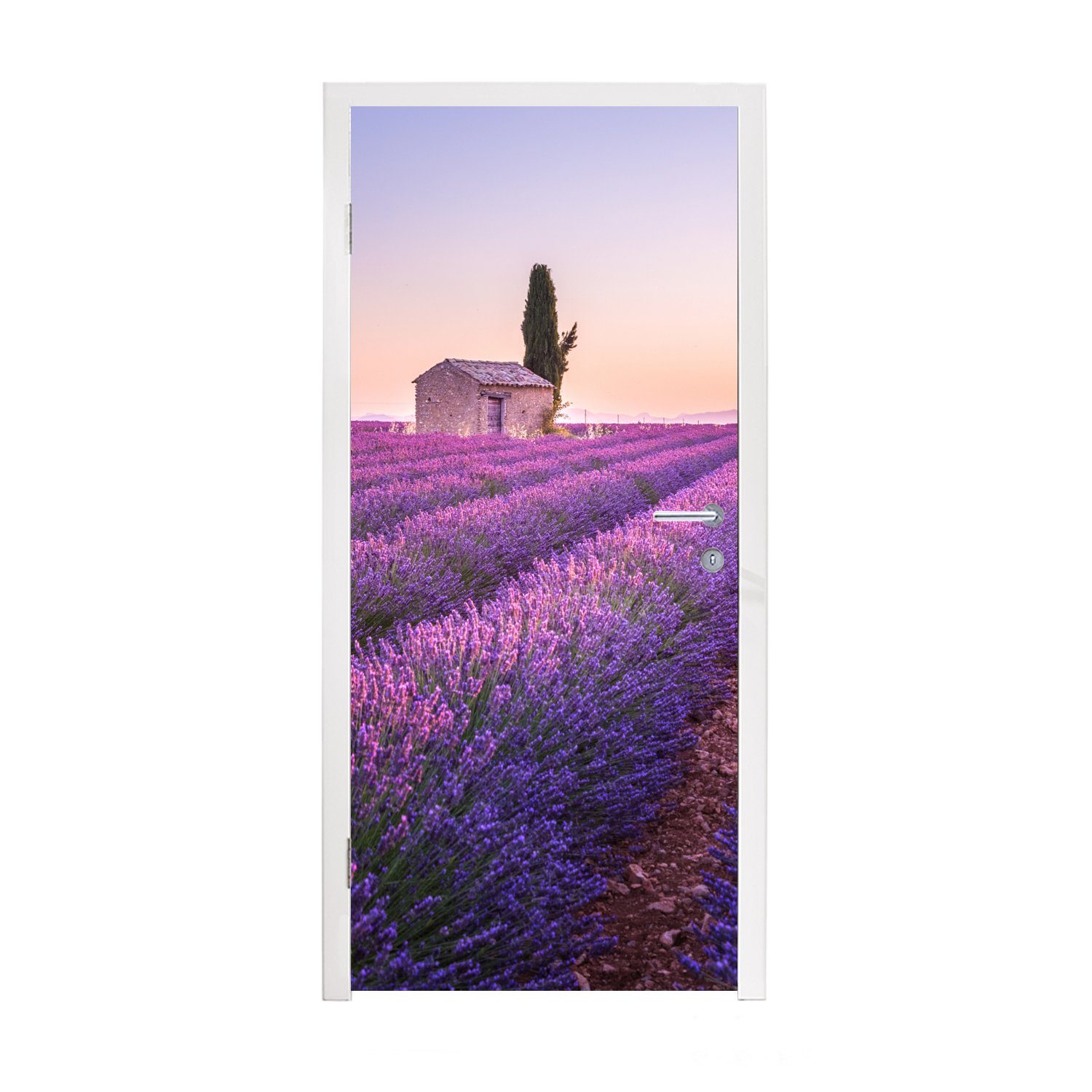 Lavendel - Tür, St), 75x205 - Fototapete Lila cm (1 Matt, Türtapete MuchoWow bedruckt, Sonnenuntergang Türaufkleber, für Blumen, -