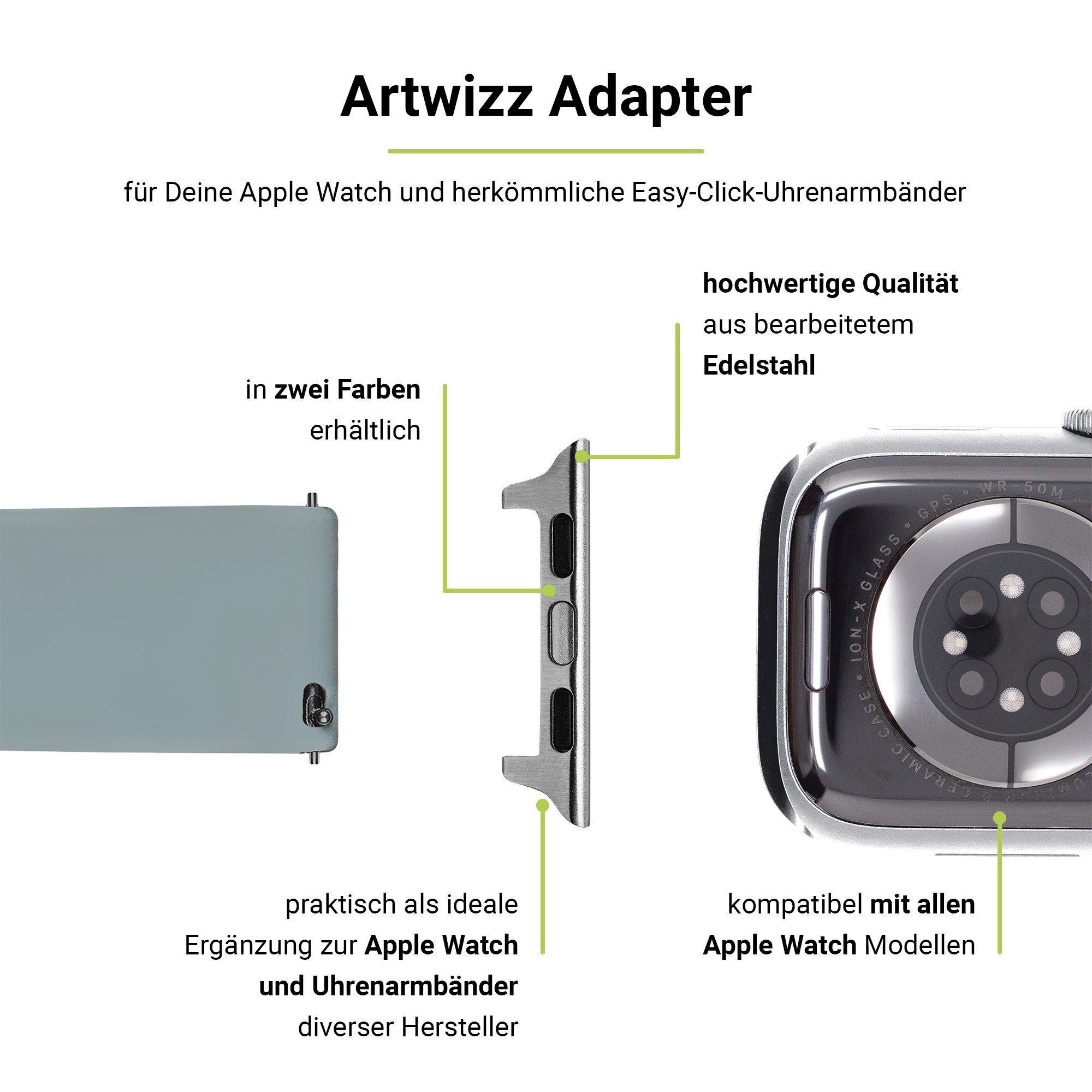 2x 44mm 42mm Modelle 45mm / Edelstahl Artwizz Größen Adapter, Pin-Set WatchBand Verbindungsstücke, Silber, Connector / der Apple Watch