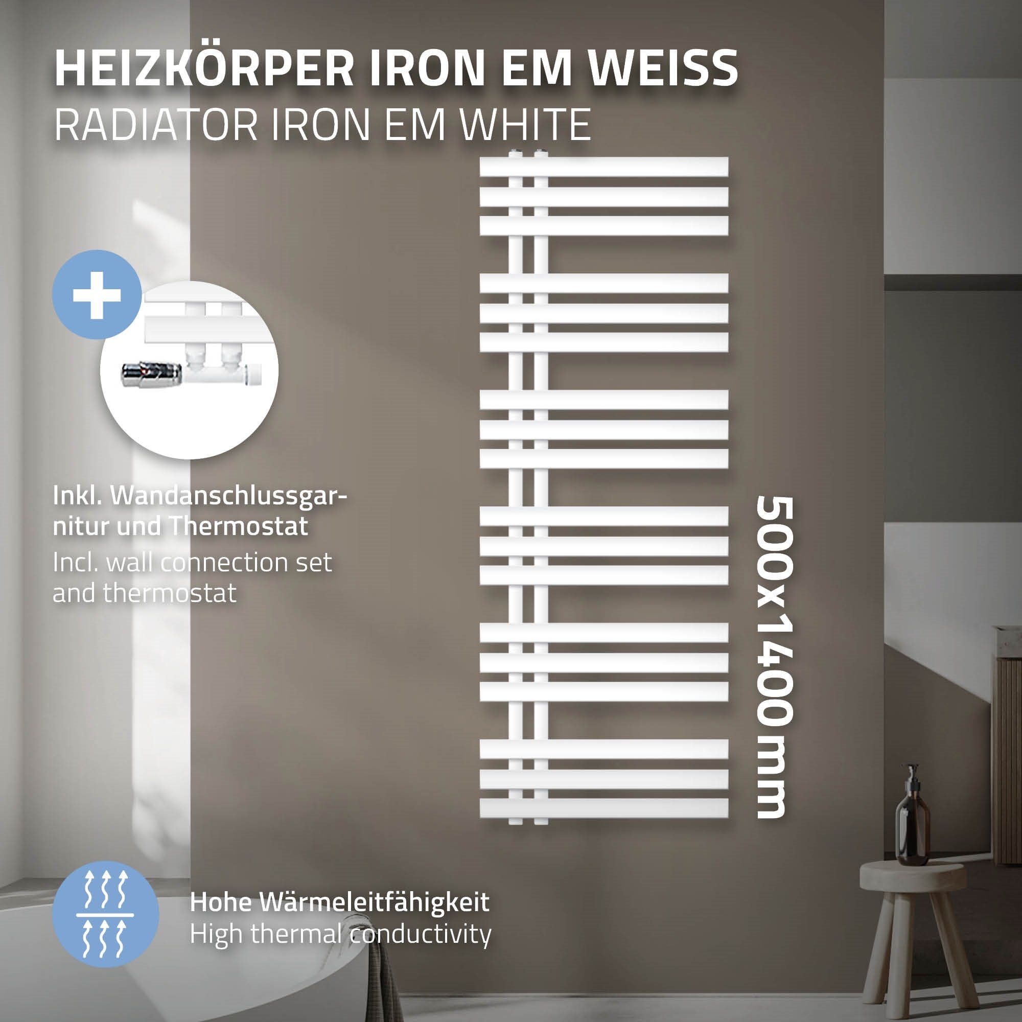 EM Weiß 500x1400mm ECD Designheizkörper Iron Germany Badheizkörper