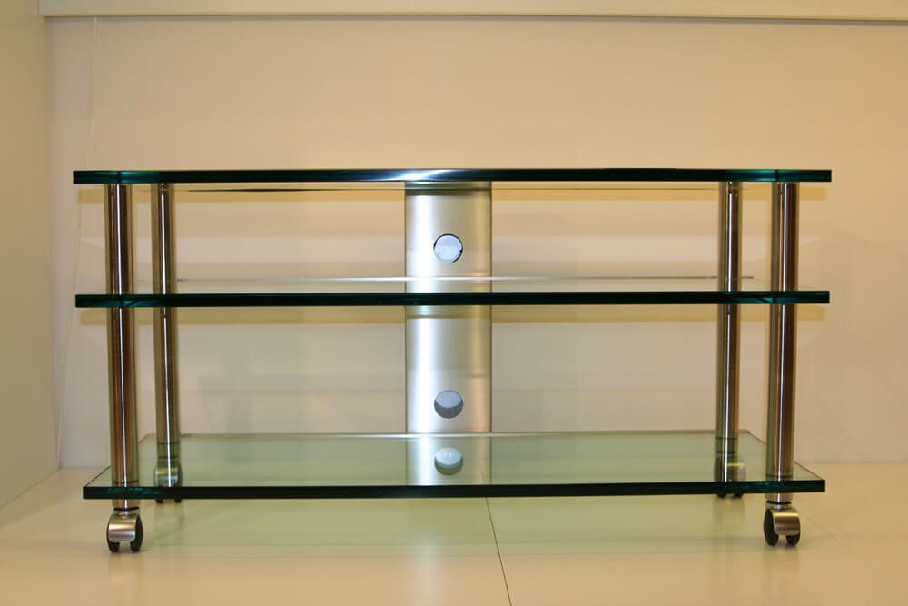 und Edelstahlsäulen Schwarzglas TV-Rack cm mit Parkettrollen TV-Board Design 110 Breite 110 cm, Breite Glasmöbel Objekte