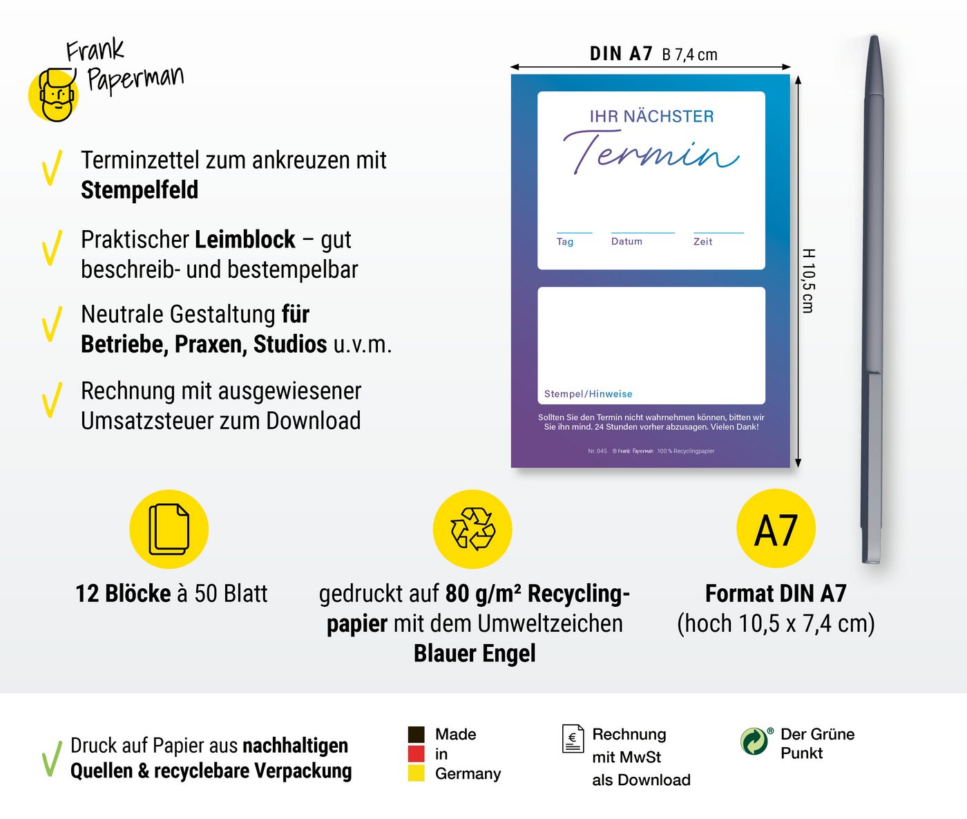 Thumbnail - Frank Paperman Terminplaner Terminzettel Praxis blau, Terminblock à 50 Blatt, Stempelfeld, Frank Paperman, 1 Termin pro ...