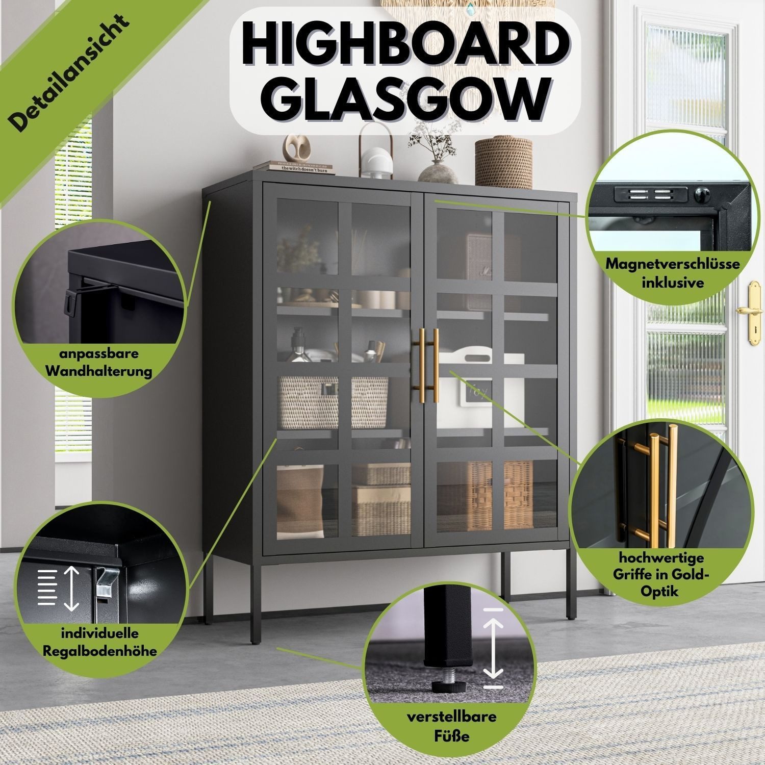 Mein-Regal Highboard GLASGOW, Schwarz Schrank Metall Vitrine Glastüren, Ein günstig online kaufen